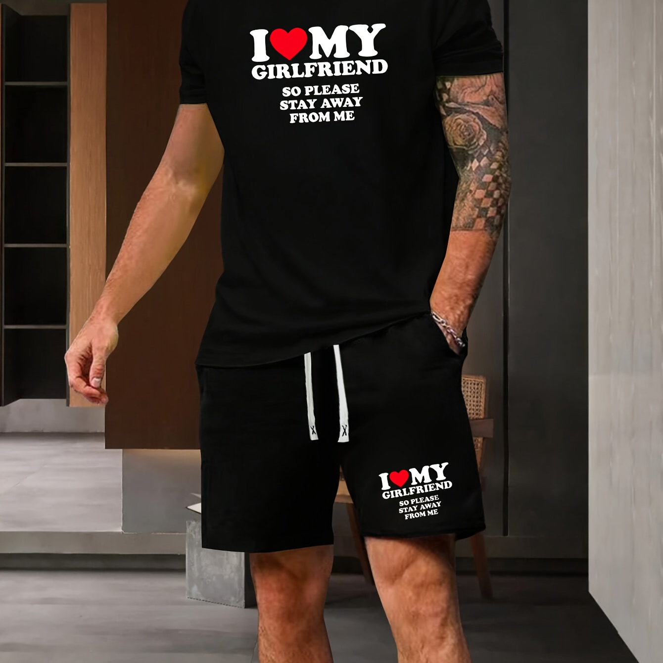 

I Love My Girlfriend Men's 2pcs Trendy Outfits Casual Crew Neck Short Sleeve T-shirt & Drawstring Shorts Set For Spring Summer Workout Men's Print Clothing