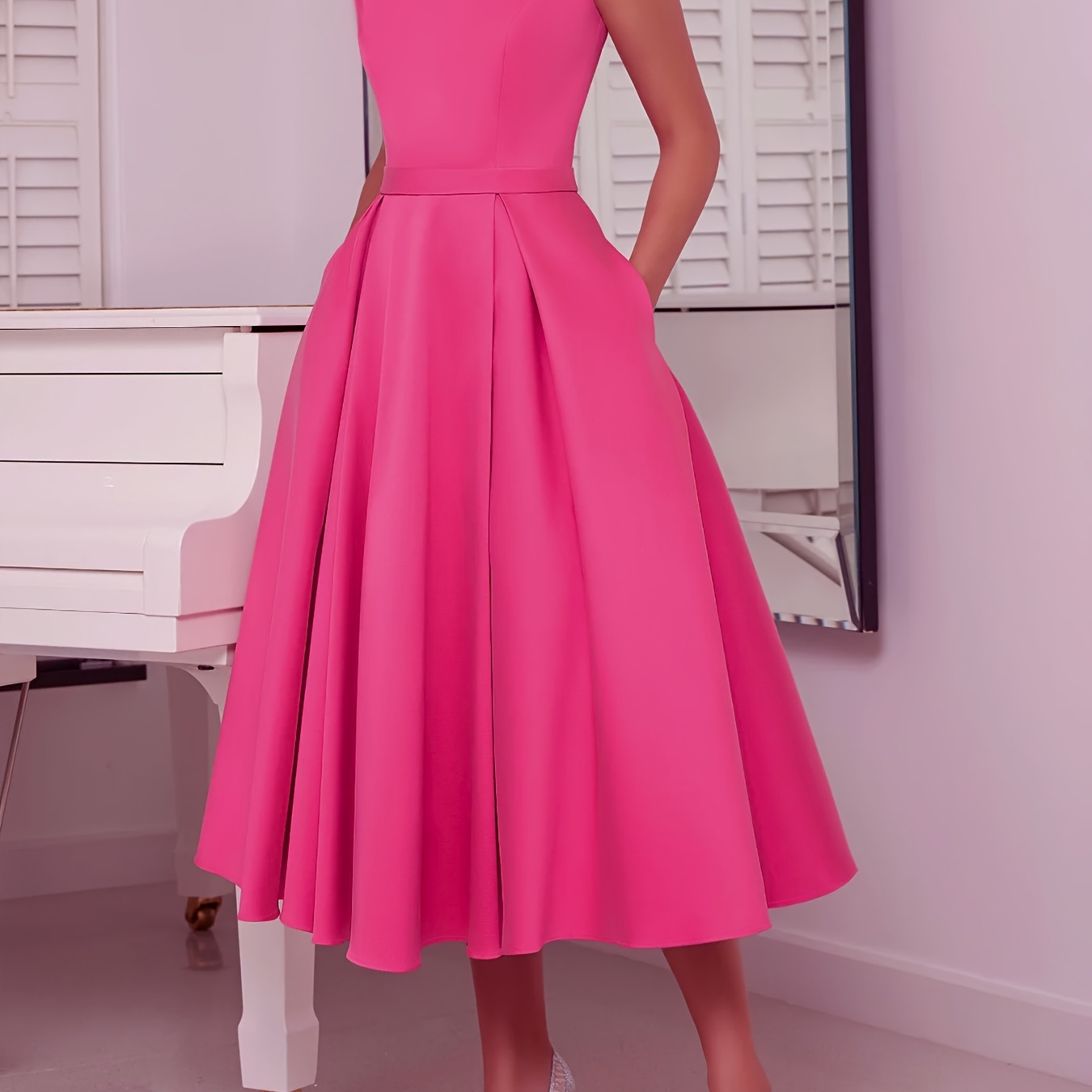 

Mock Neck Bow Solid A-line Dress, Elegant Short Sleeve Dress For Spring & Summer, Women's Clothing