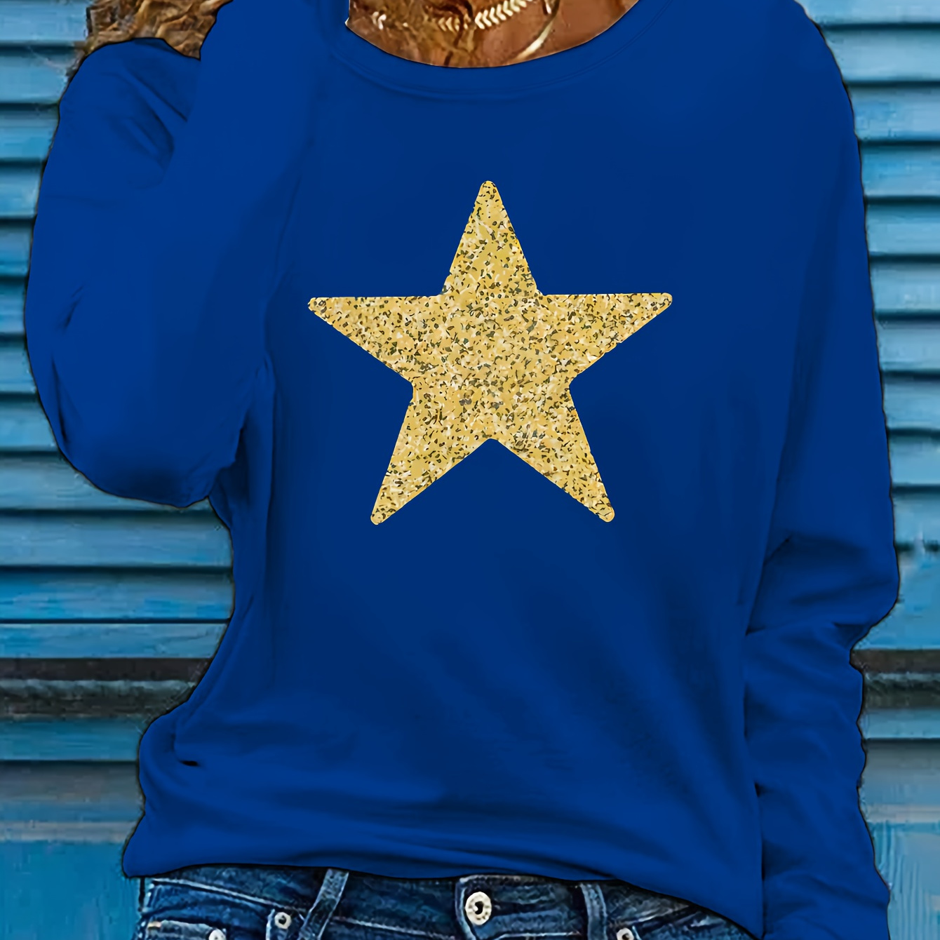 

T-shirt à col rond imprimé étoiles, T-shirt décontracté à manches longues pour le printemps et l'automne, Vêtements pour femmes