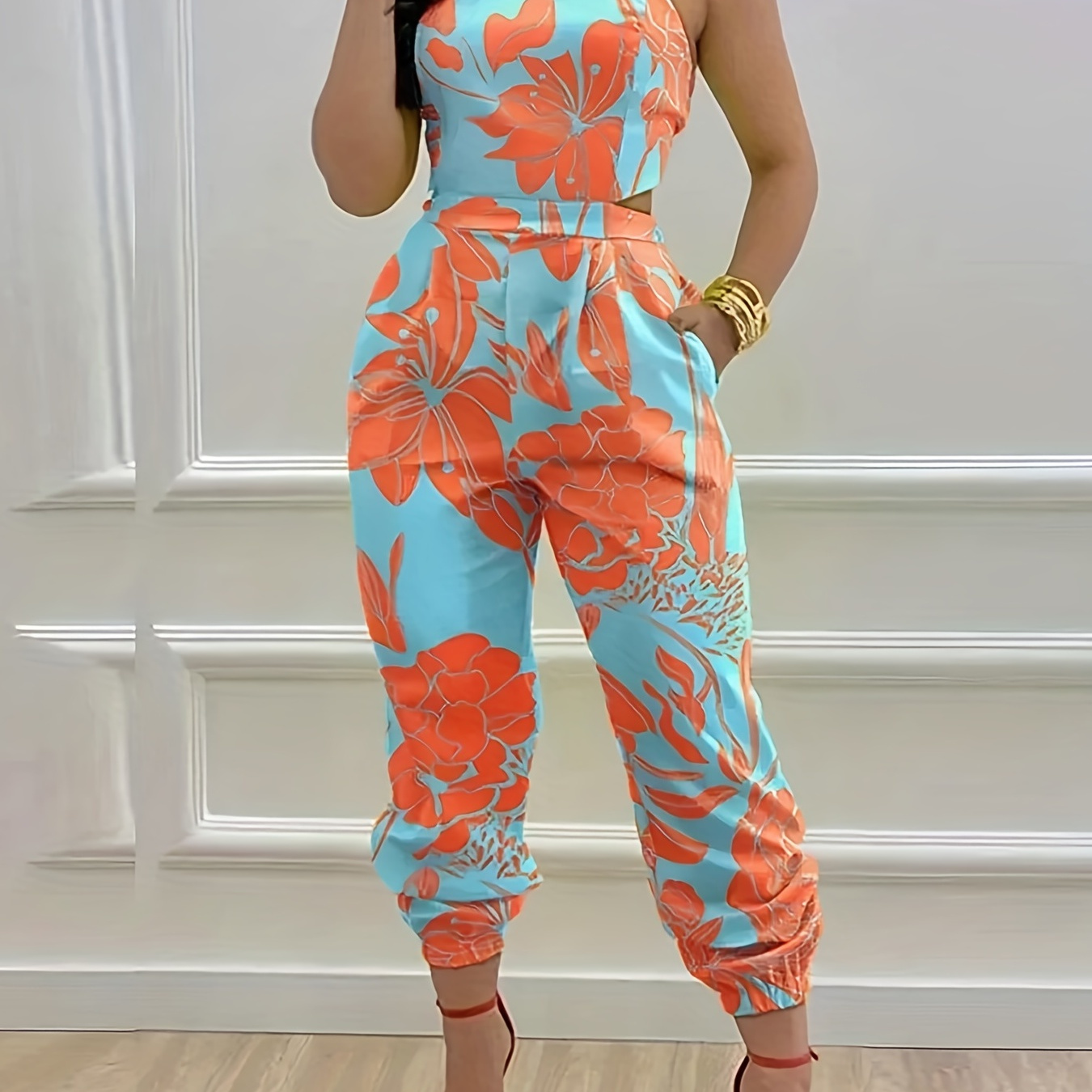 

Floral Print Joggers Jumpsuit, Resort Wear Tie Back Sleeveless Jumpsuit For Spring & Summer, Women's Clothing