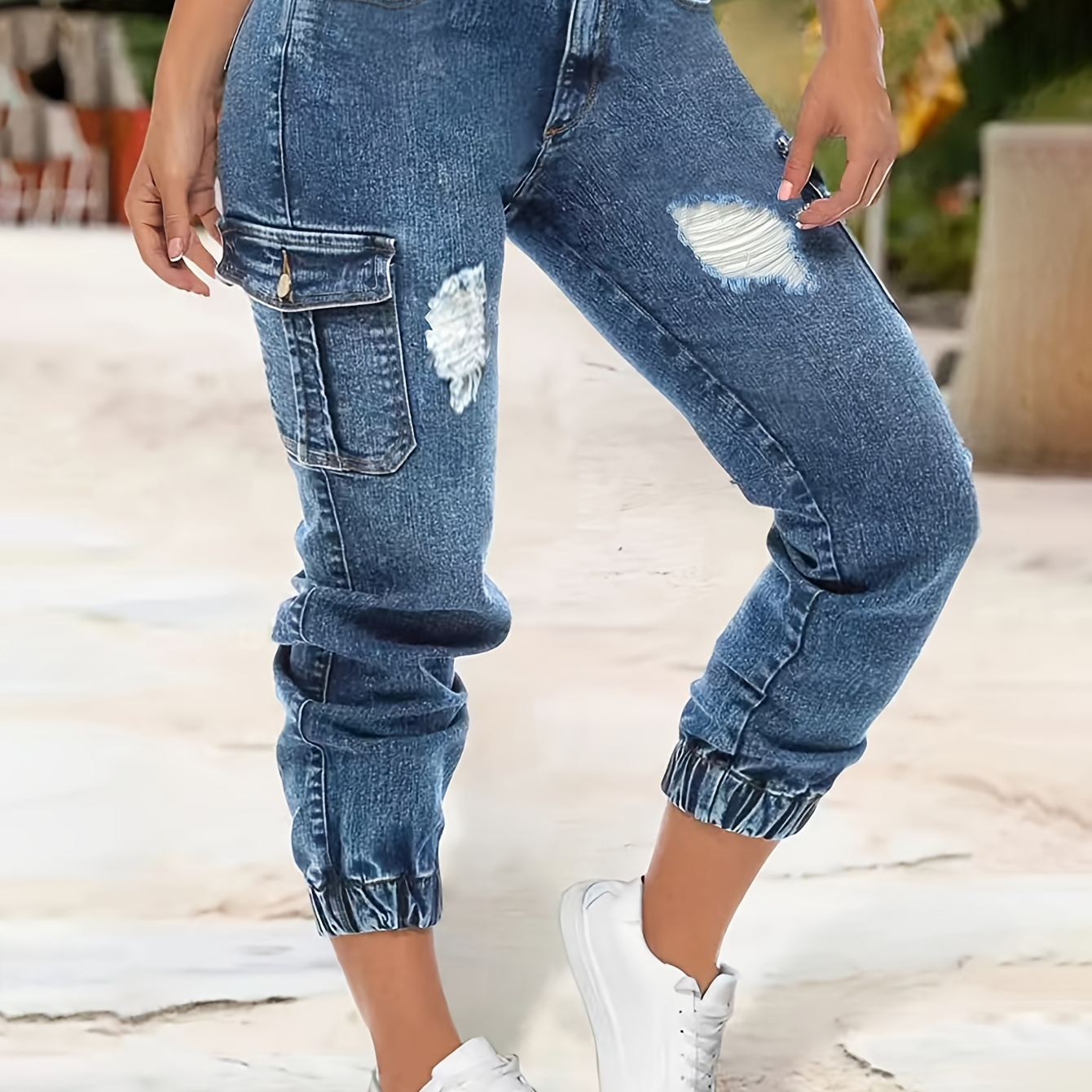 

Ripped Side Flap Pocket Washed Blue Retro Style Cargo Jogger Jeans, Women's Denim Jeans & Clothing