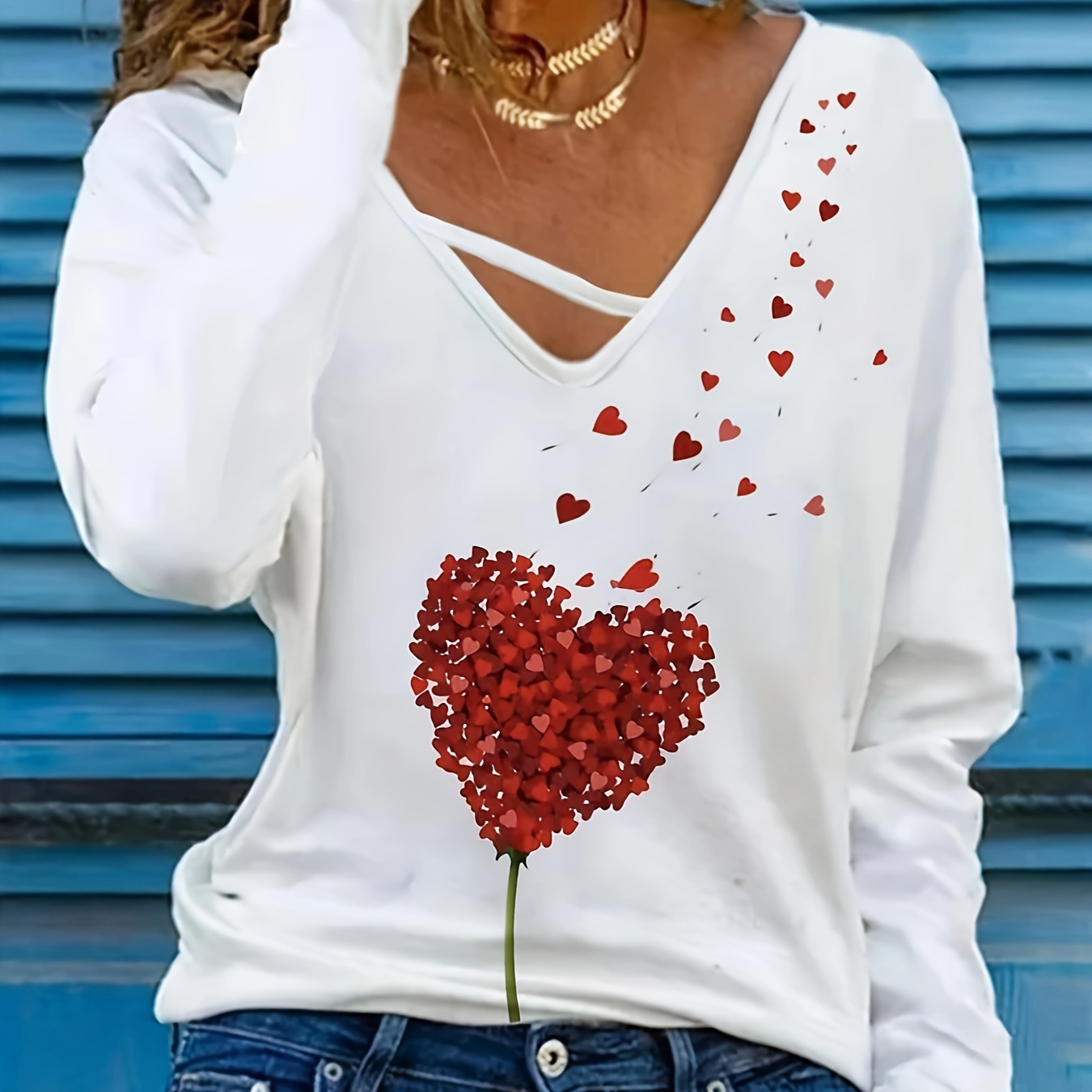 

Heart Print V Neck T-shirt, Elegant Long Sleeve Top For Spring & Fall, Women's Clothing