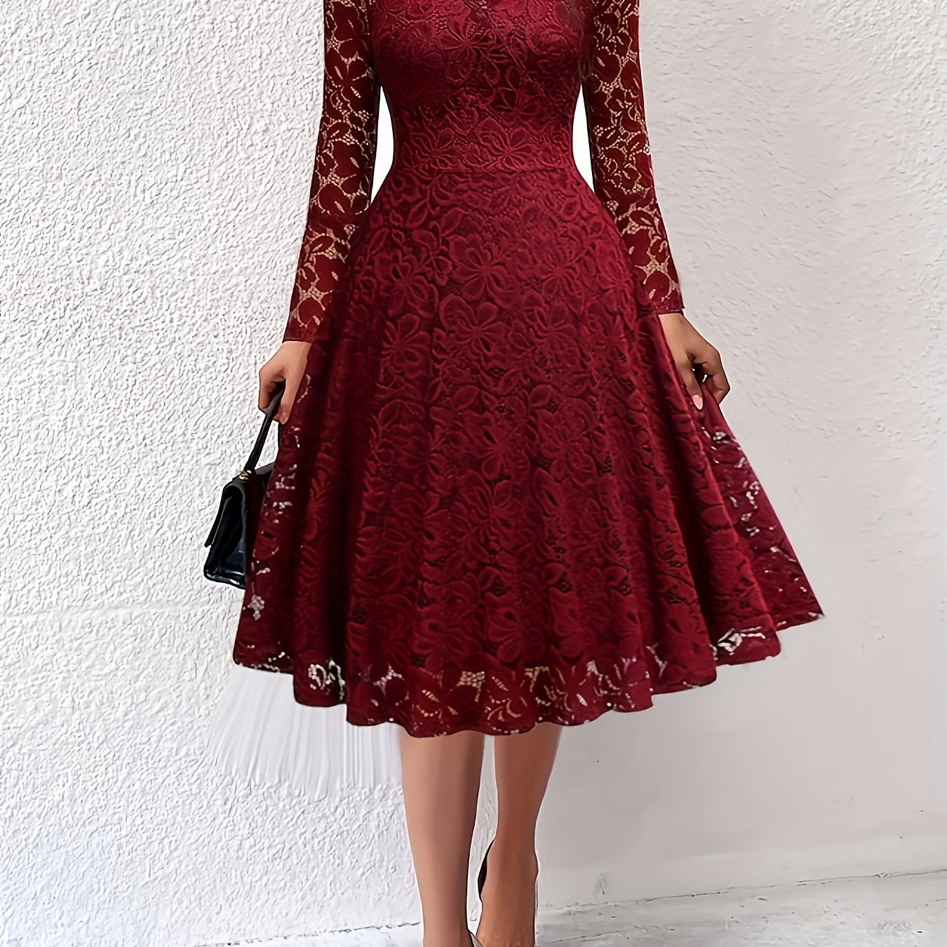 

Contrast Lace V Neck Big Swing Dress, Elegant Long Sleeve Dress For Party & Banquet, Women's Clothing