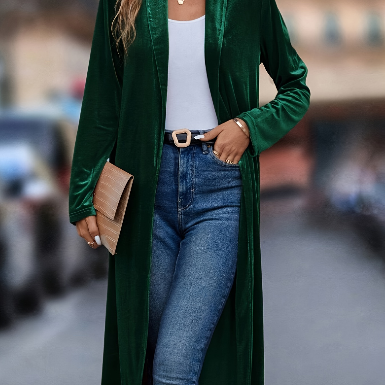 

Shawl Collar Open Front Coat, Casual Long Sleeve Midi Length Coat, Women's Clothing