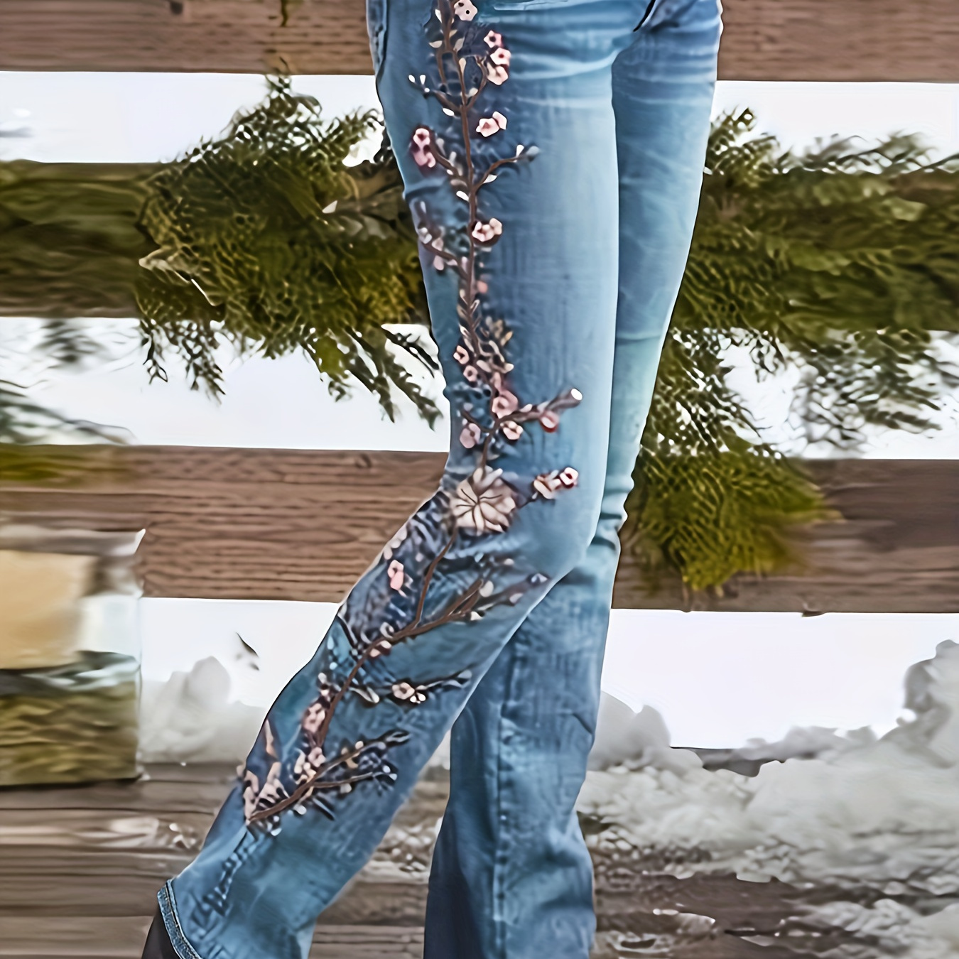 

Women's Embroidered Bell Bottom Denim Jeans, Basic Style, Floral Detail, Casual Flare Leg Cut, Fashion Bottoms