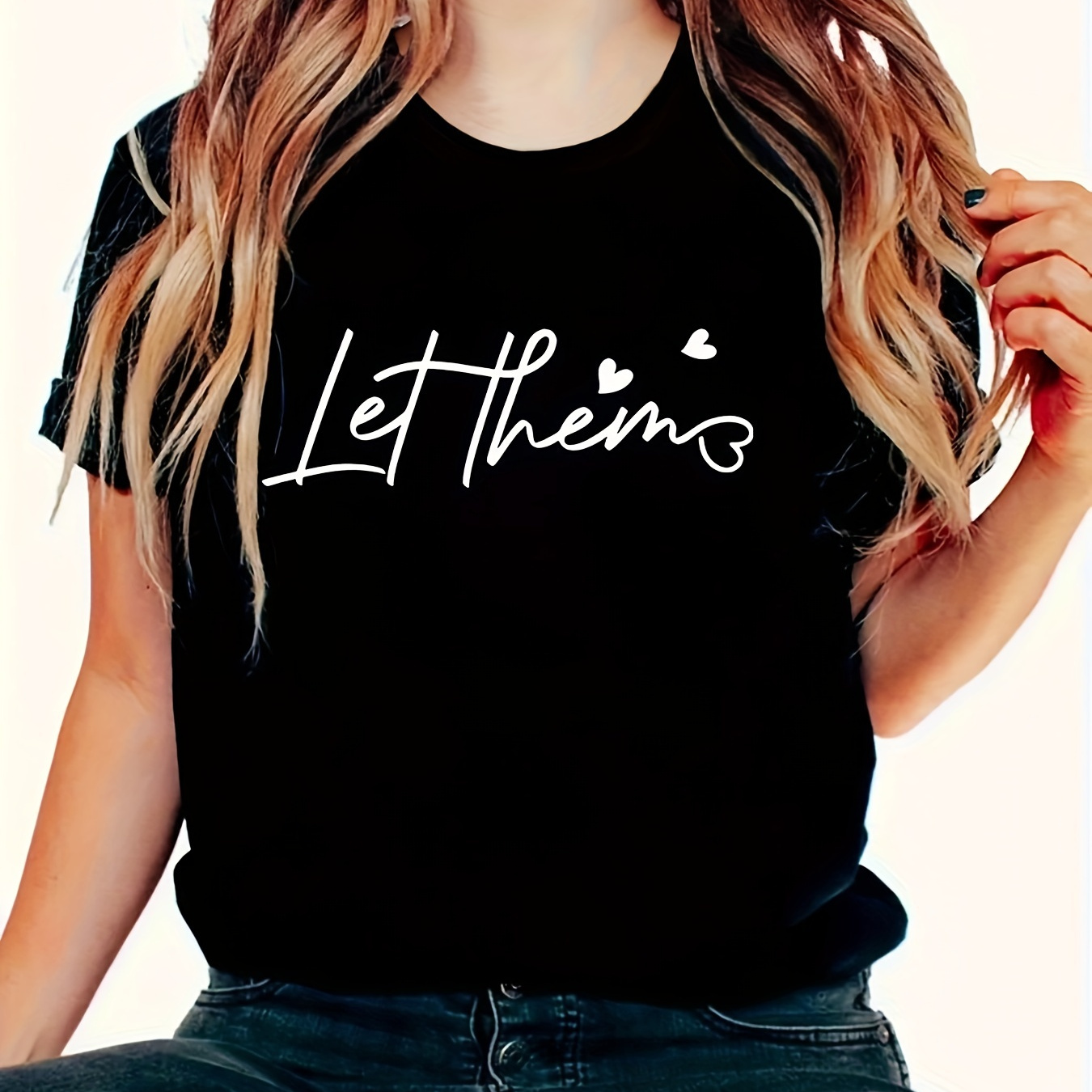 

Women's Casual Short Sleeve T-shirt, "let Them" Quote Print, Round Neck, Soft Comfortable Loose Fit Top – Fashionable Statement Tee