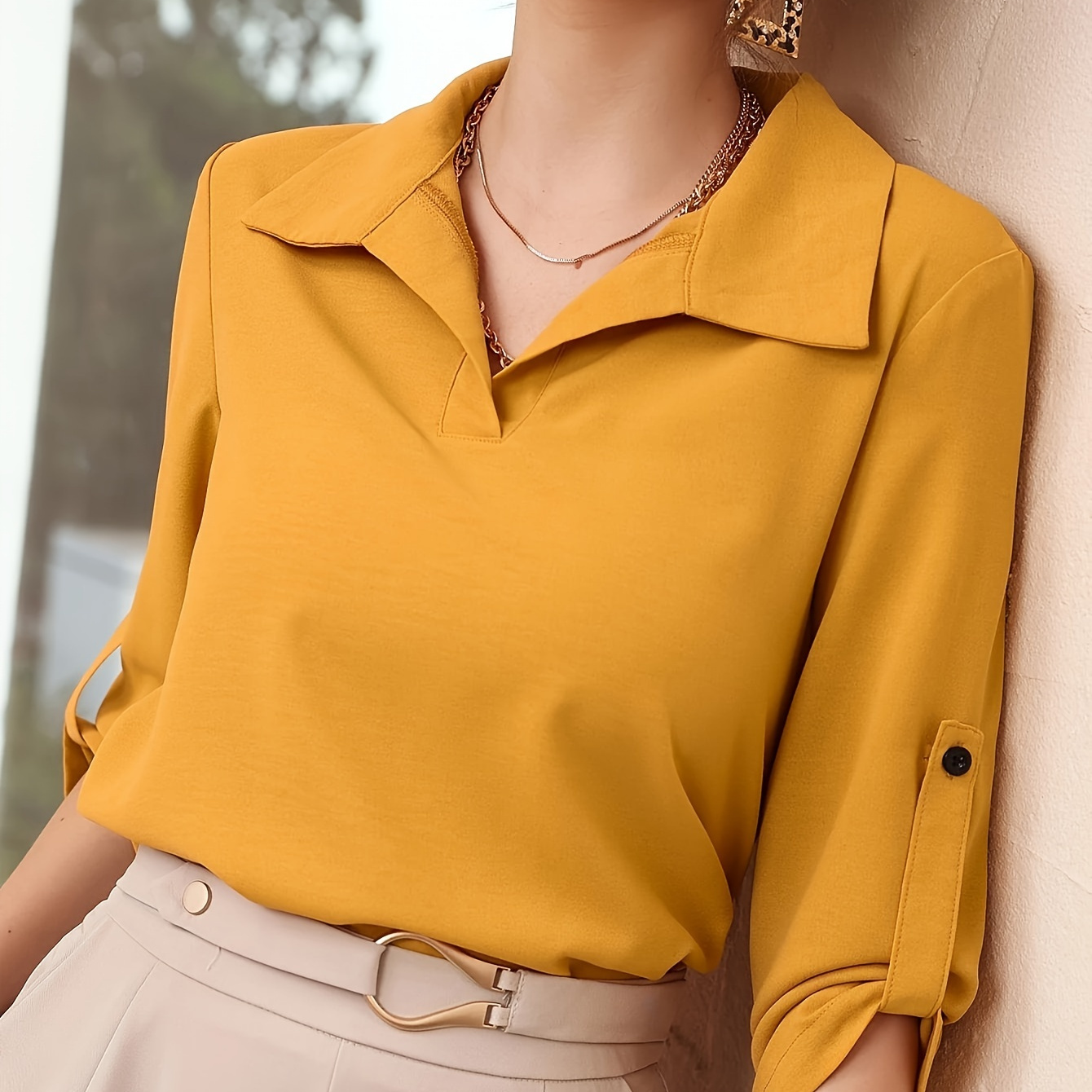 

Solid Lapel Neck Loose Blouse, Elegant Roll Up Sleeve Blouse For Spring & Summer, Women's Clothing
