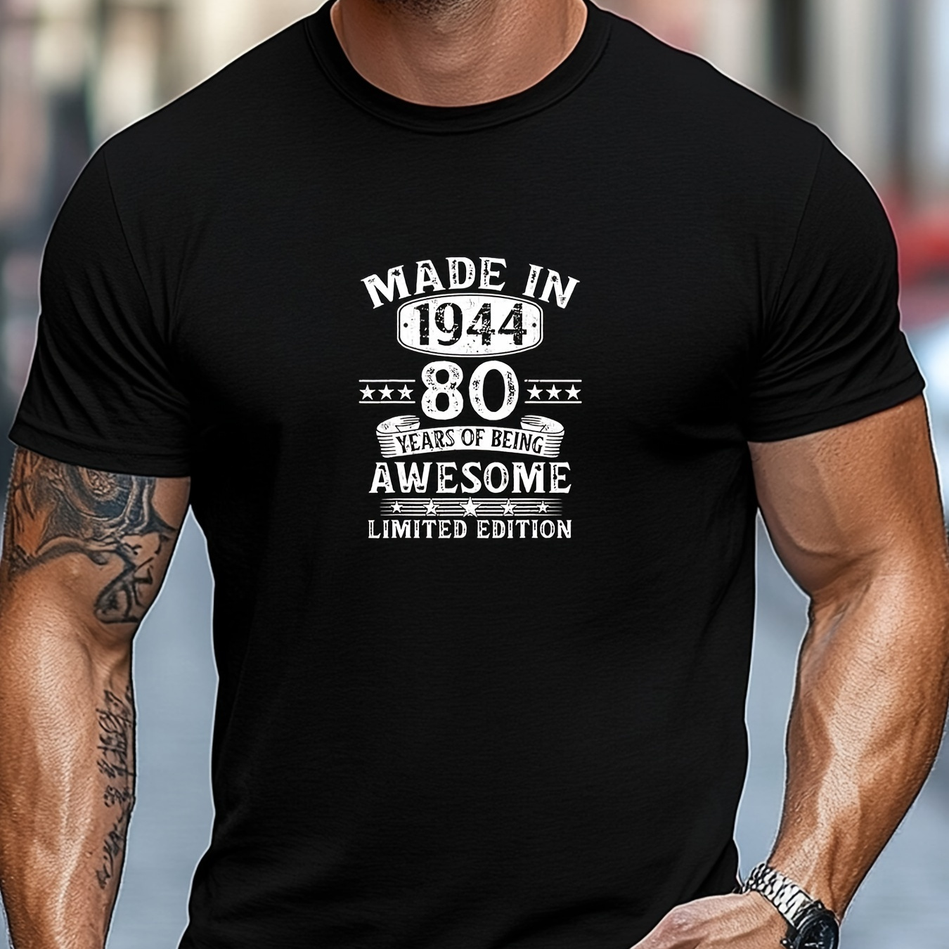 

Men's "made In 1944" Graphic T-shirt, Polyester , Crew Neck, Slight Stretch, Solid Color, Regular Fit, Knit Fabric, For Casual Tee