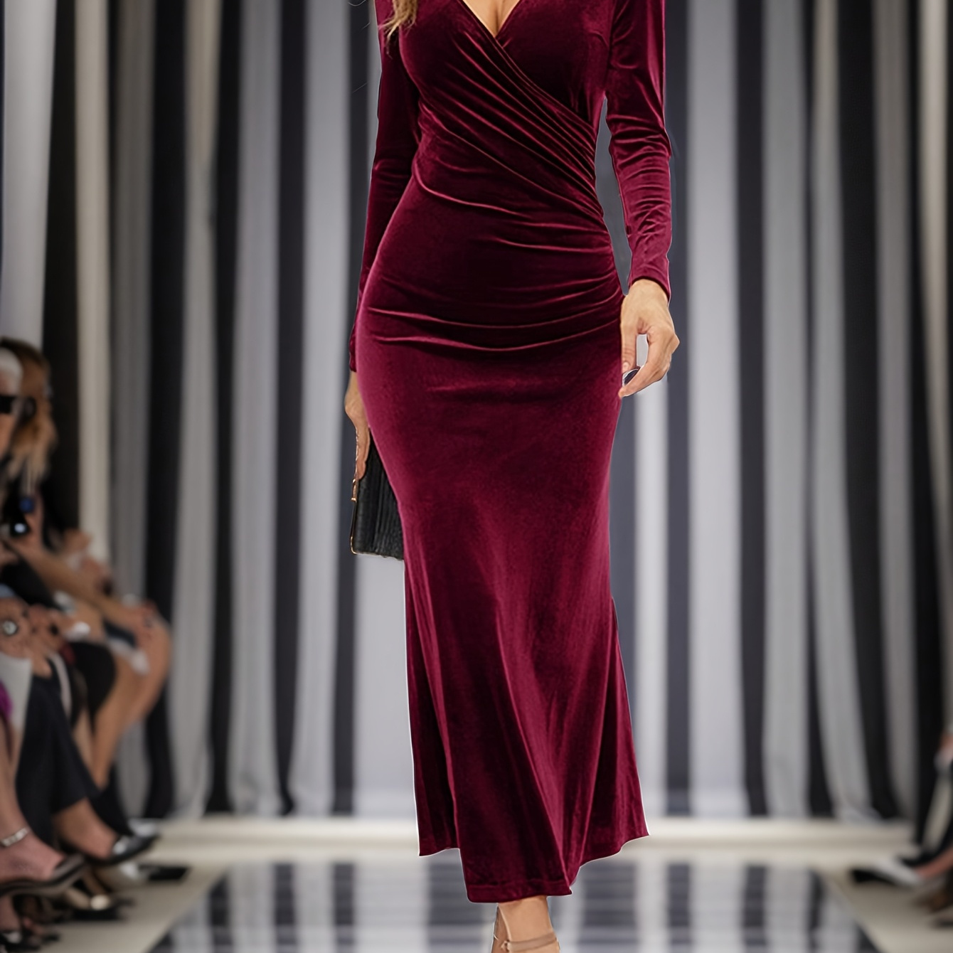 

Velvet V-neck Bodycon Midi Dress With Mermaid Tail - Long Sleeve, Machine Washable For Autumn/winter