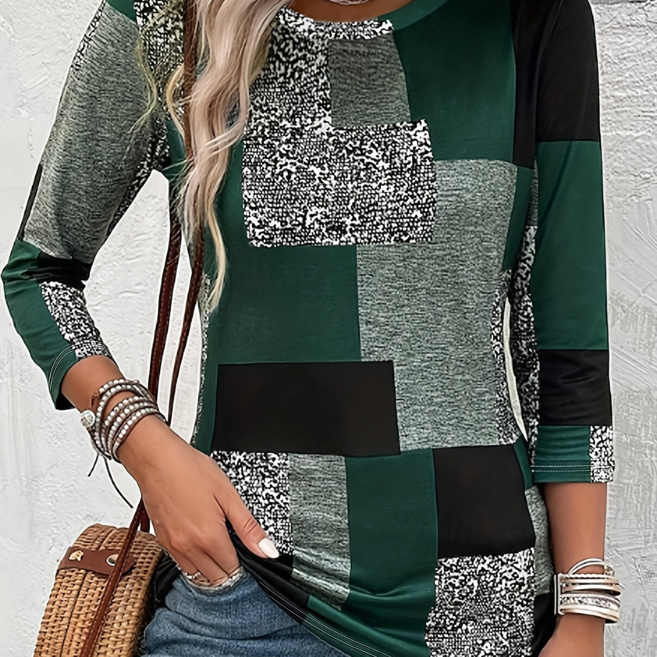 

Patchwork Crew Neck T-shirt, Casual Long Sleeve T-shirt For Spring & Fall, Women's Clothing