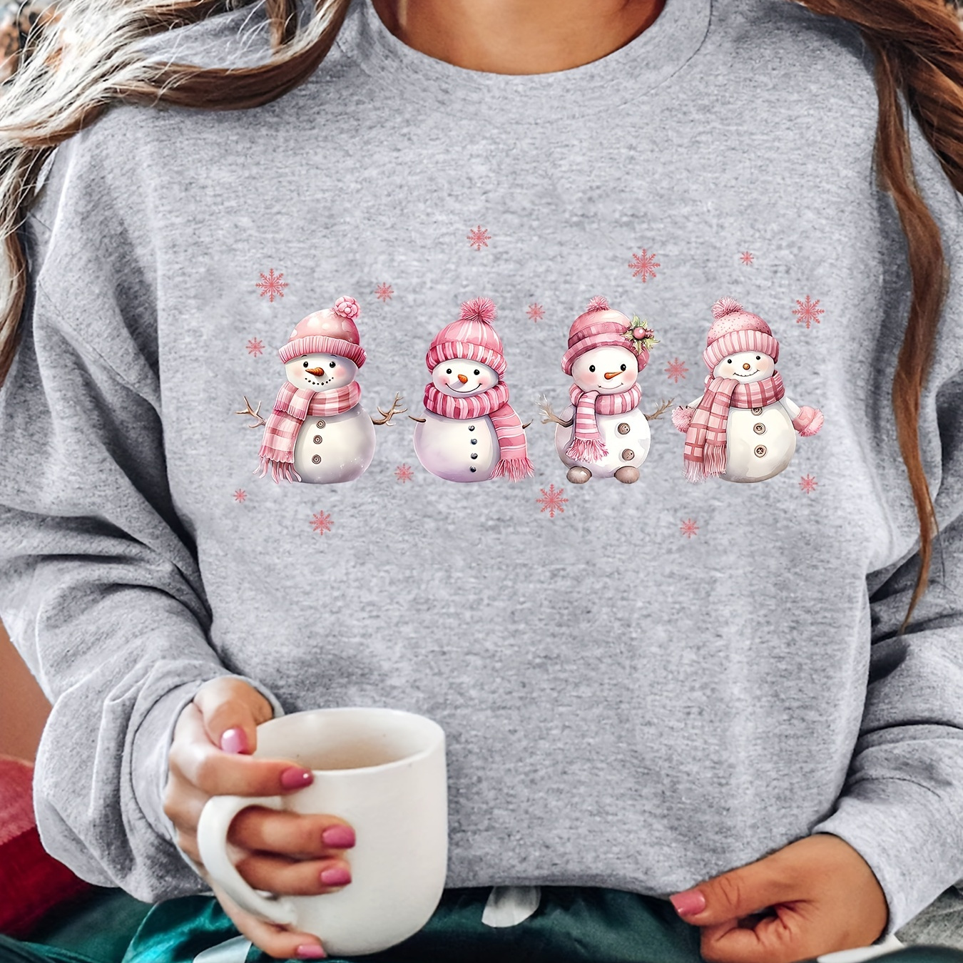 

Cozy Women's Snowman & Print Sweatshirt - Casual Crew Neck, Long Sleeve Pullover For Fall/winter, Machine Washable, Winter Clothes, Casual Sweatshirt