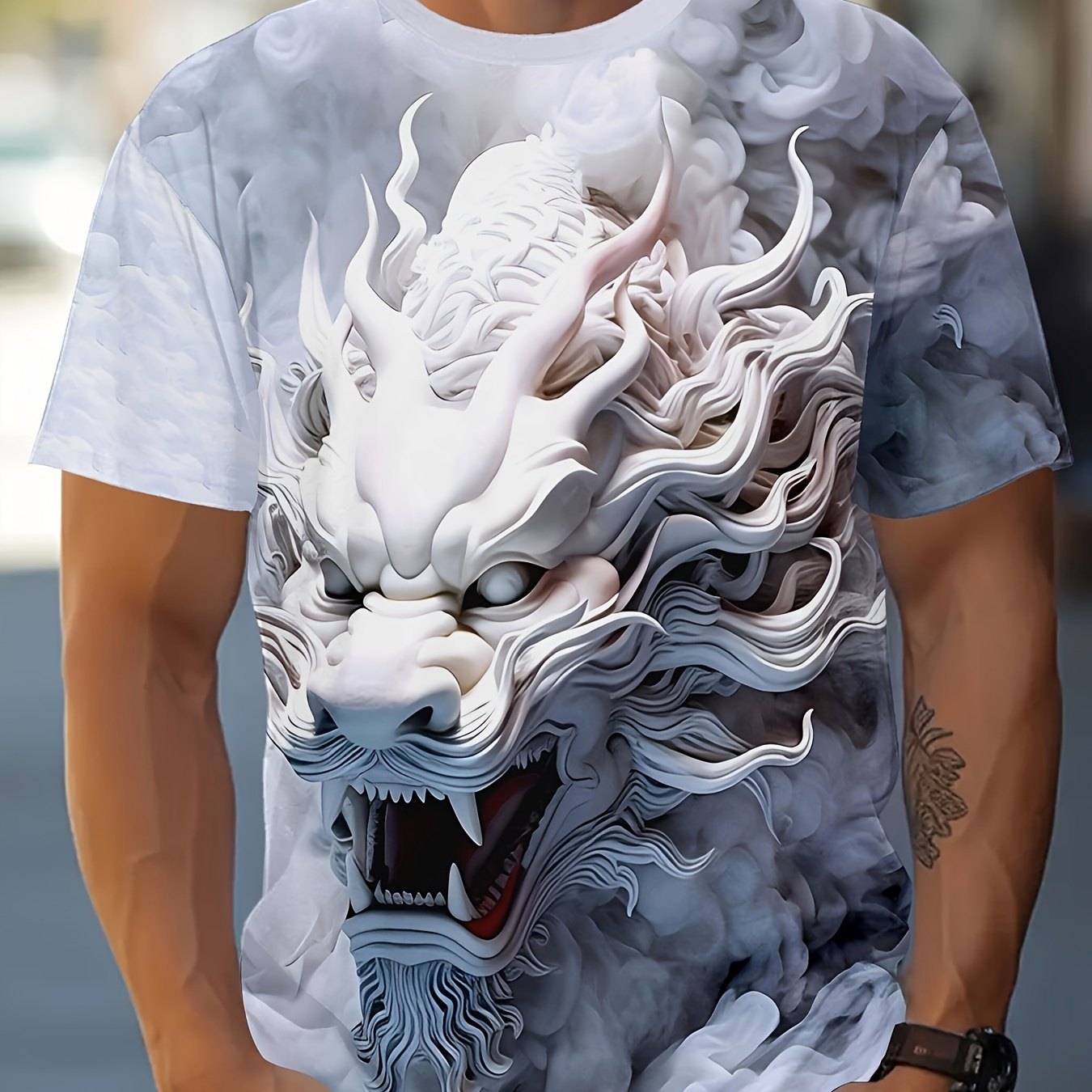 

Summer Men's T-shirt White Dragon Digital Printed Top Comfortable Casual Sports Outing Short Sleeve