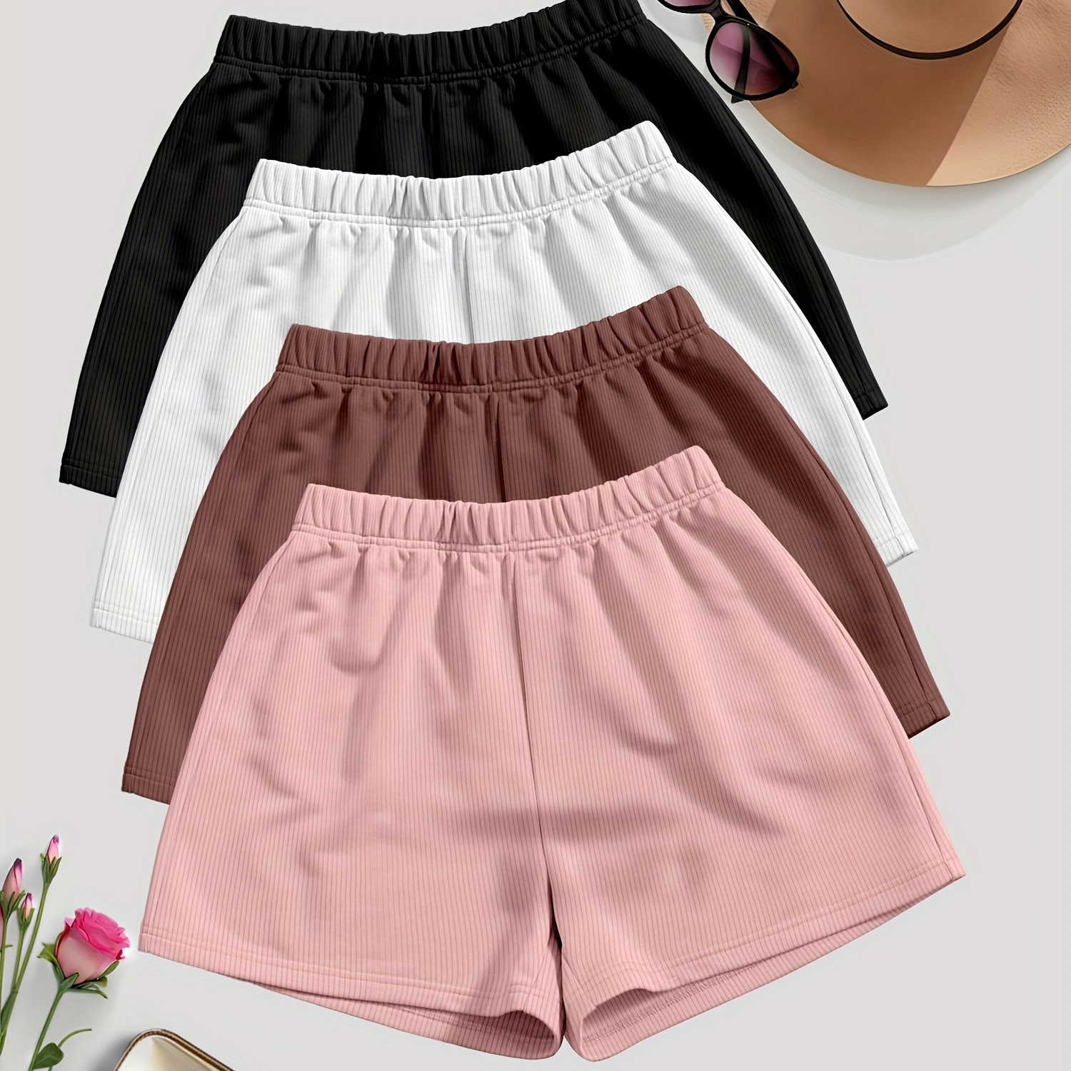 

4 Pack Solid Color Shorts, Casual Elastic Waist Shorts For Summer & Spring, Women's Clothing