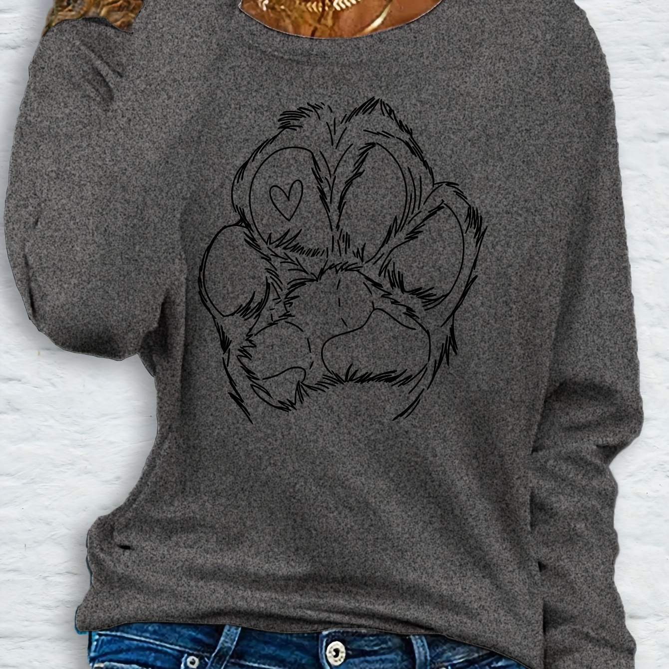 

Women's Casual Long Sleeve T-shirt With Cute Cat Paw Print - Soft Polyester, Machine Washable, Round Neck - Fall & Spring