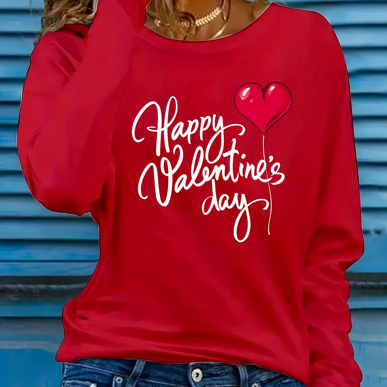 

Happy Valentine's Day Letter Print T-shirt, Long Sleeve Crew Neck Casual Top For Spring & Fall, Women's Clothing