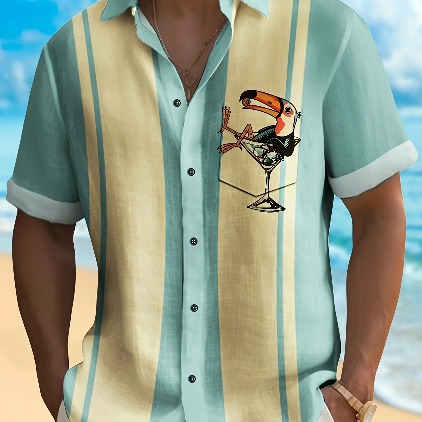

Men's Casual Beach Hawaiian Shirt, Fashionable Striped Print With Tropical Toucan, Short Sleeve, Summer Attire