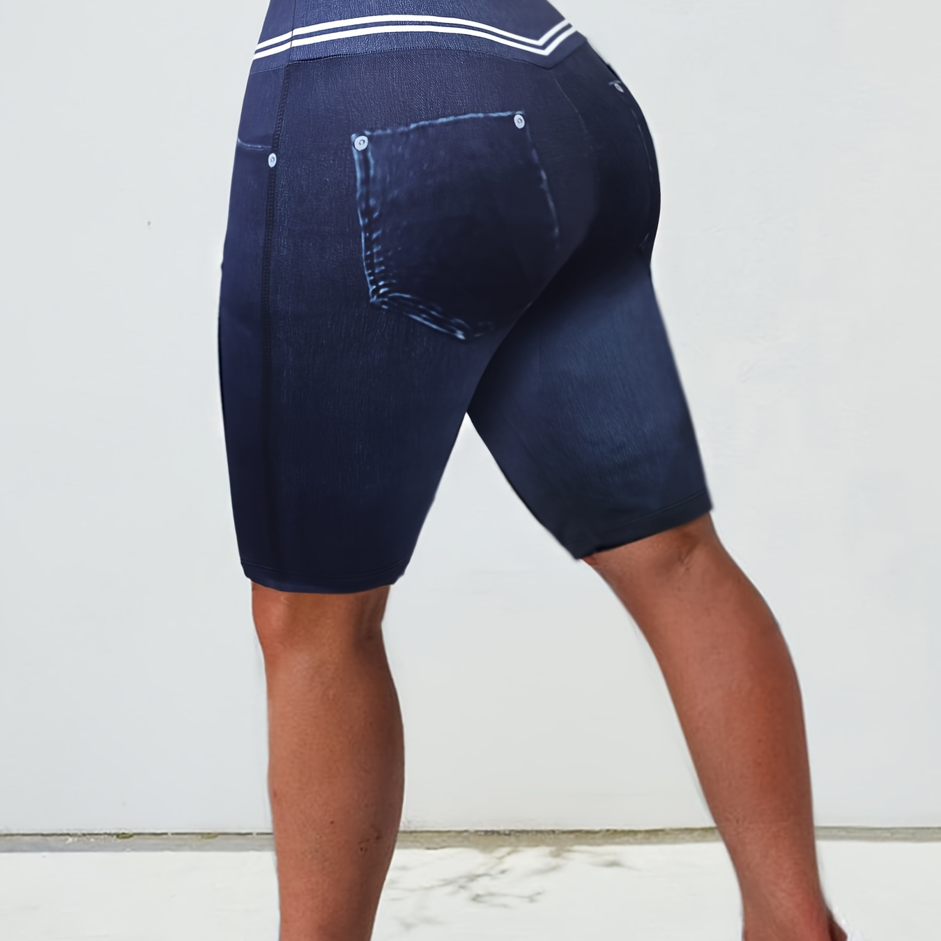 

Plus Size Sports Shorts, Women's Plus Faux Denim Print Wide Waistband Tummy Control Medium Stretch Biker Shorts