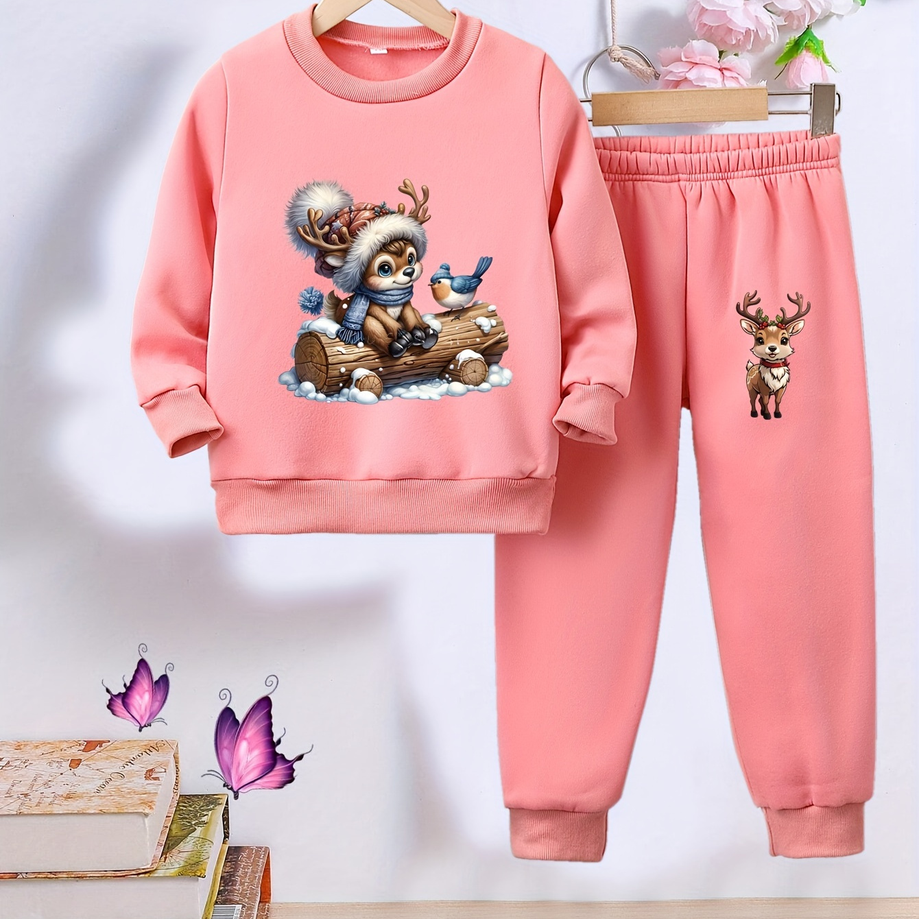 

Girls Casual Cartoon Sweatshirt And Pants Set, Long Sleeve Knit Pullover Hoodie And Sports Pants, Loose Fit, Apparel For Toddlers, For Outdoor