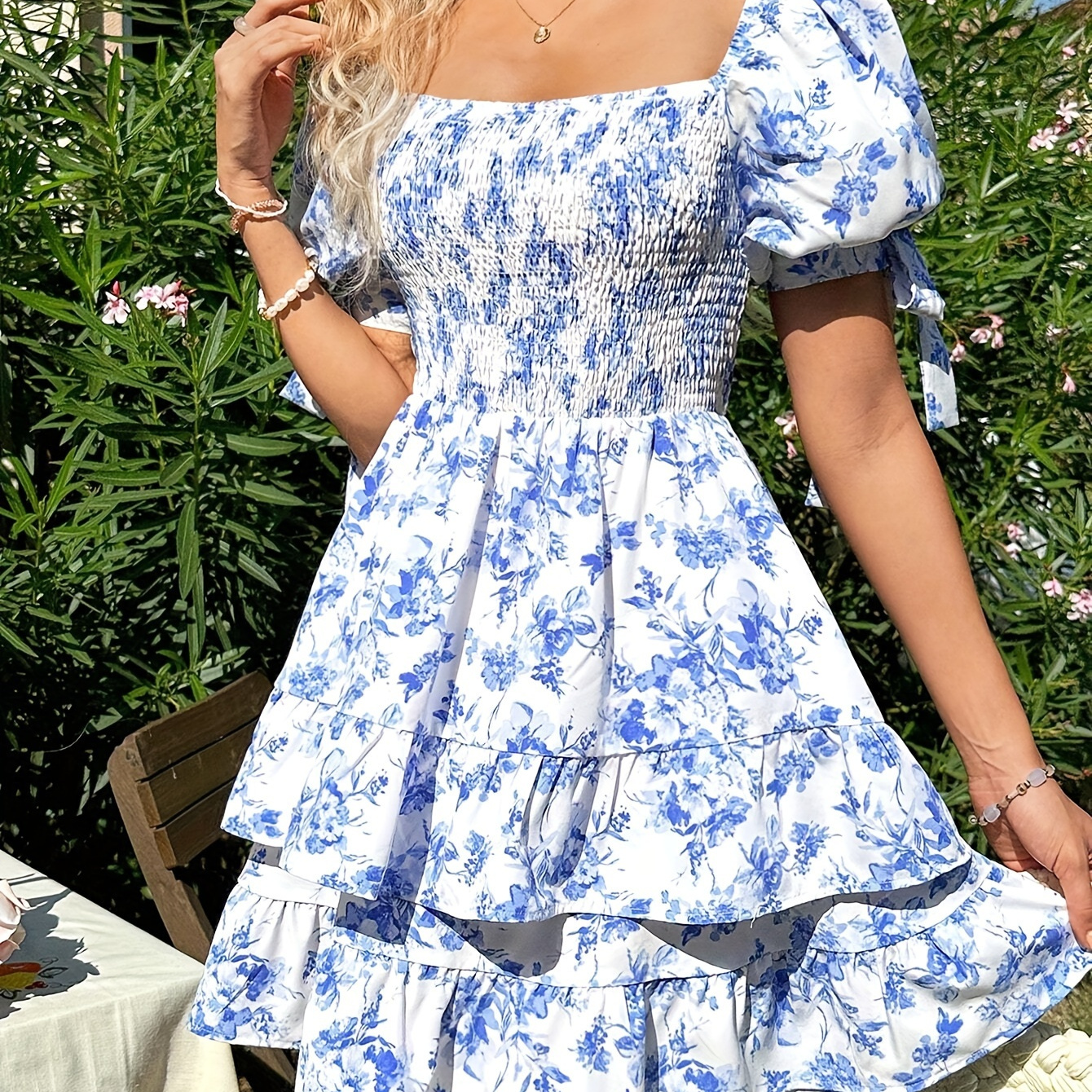 

Floral Print Shirred Bust Square Neck Dress, Vacation Style Puff Sleeve Layered Hem Dress For Spring & Summer, Women's Clothing