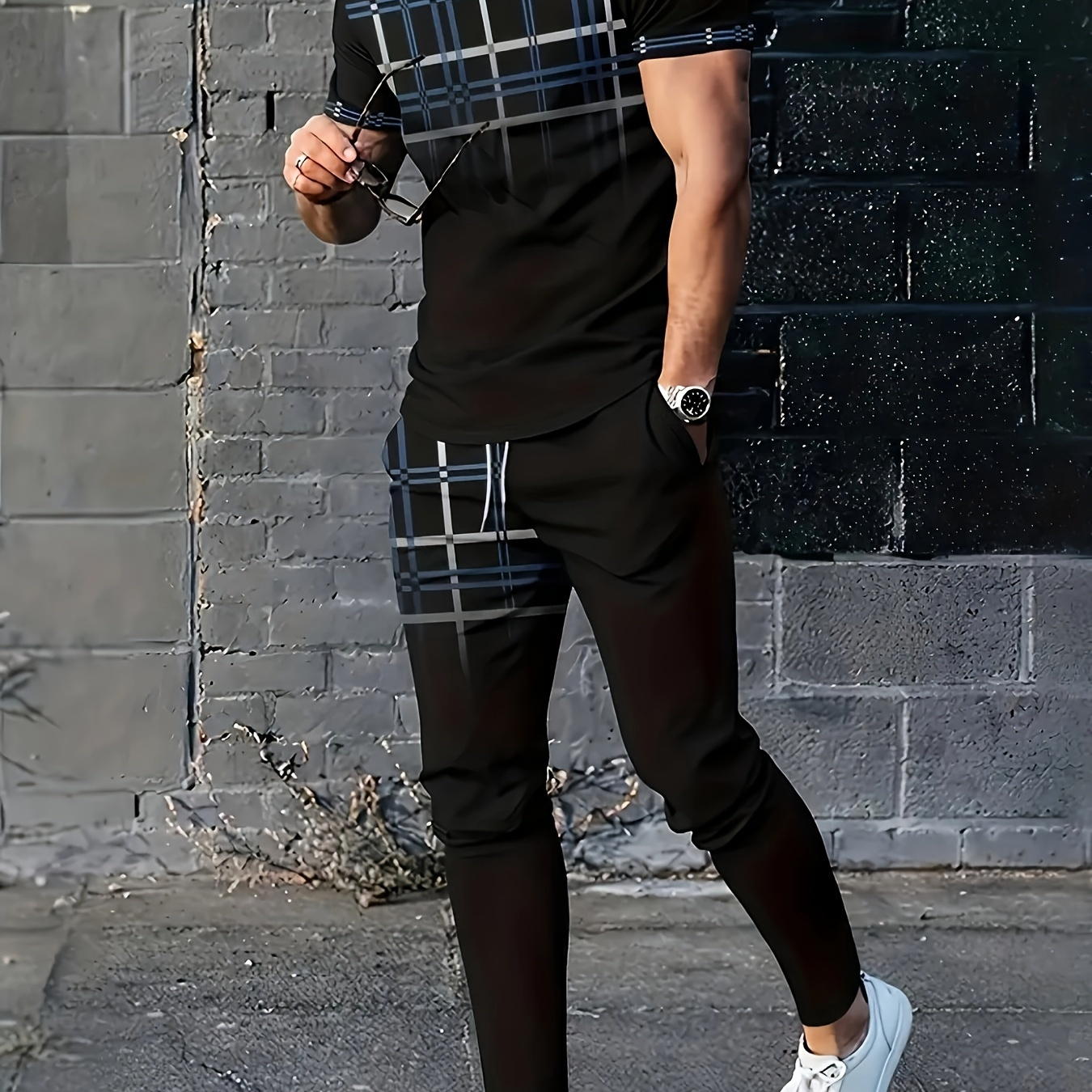 

Men's Outfit, Checkered Pattern Casual Crew Neck Short Sleeve T-shirt & Drawstring Joggers 2-piece Set For Outdoor Activities