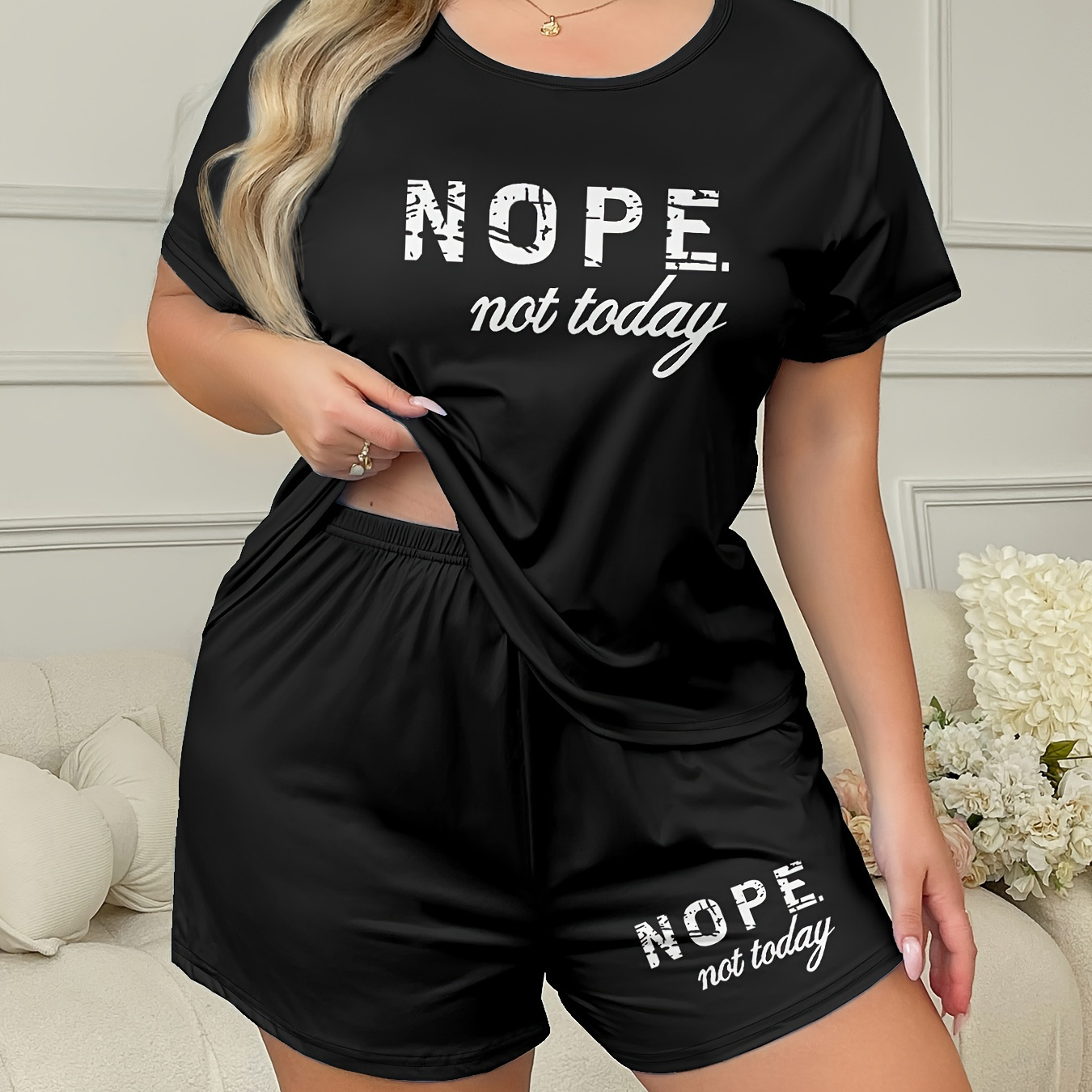 

Plus Size Women's "nope " Pajama Set - Casual Black Short Sleeve T-shirt & Shorts, Soft Polyester , Machine Washable Sleepwear/loungewear, Plus Size Pajama Set