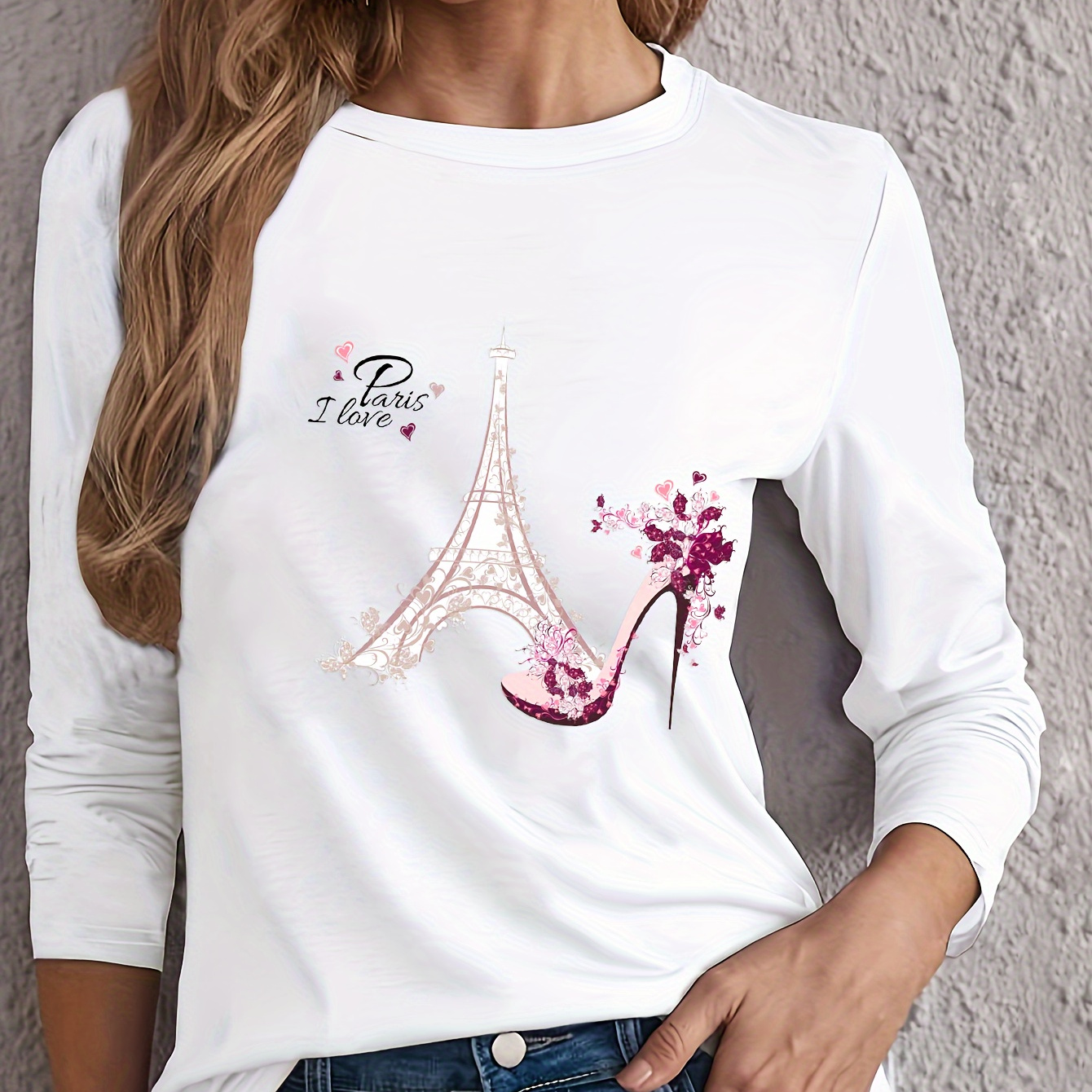 

Eiffel Tower Print T-shirt, Long Sleeve Crew Neck Casual Top For Spring & Fall, Women's Clothing