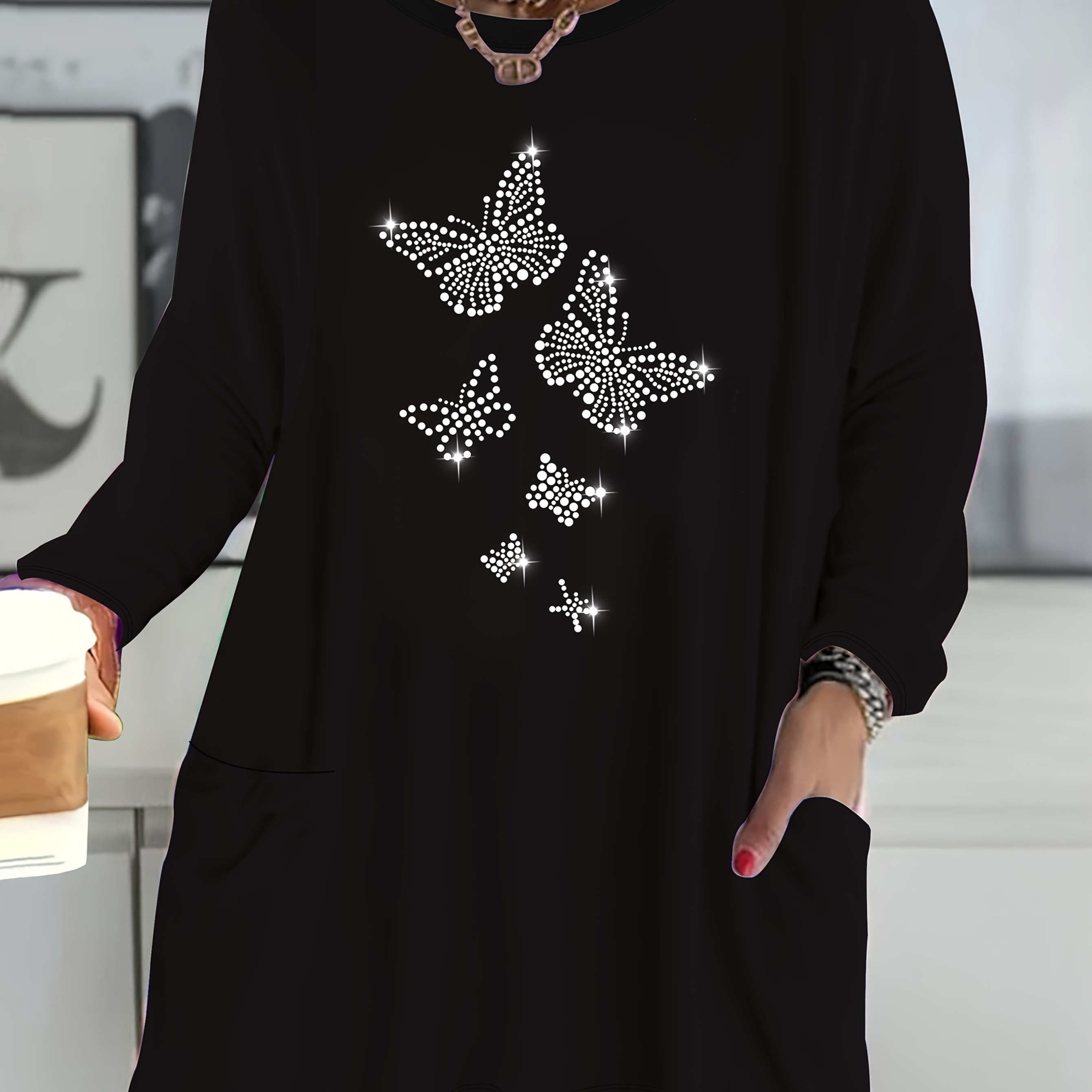 

Plus Size Women's Casual With Rhinestone Butterflies, Long Sleeves & Pockets - Comfy Polyester , Round Neck, Machine Washable, Plus Size Blouses