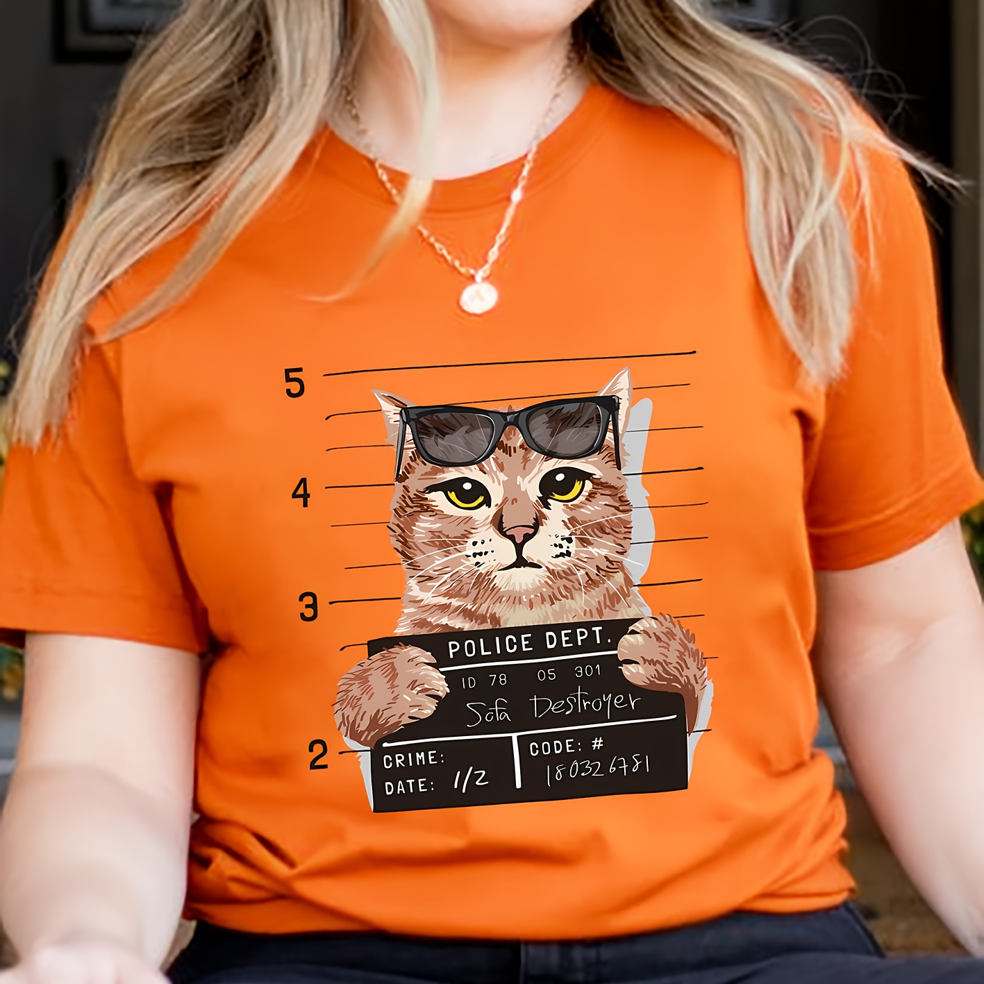 

Women's Plus Size Casual Sporty T-shirt, Novelty Cat Print, Comfort Fit Short Sleeve Tee, Fashion Breathable Casual Top