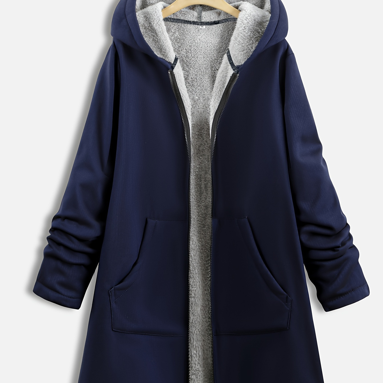 

Plus Size Hoodie Fleece Liner Zip Up Coat, Women's Plus Warm Winter Casual Faux Fur Coat