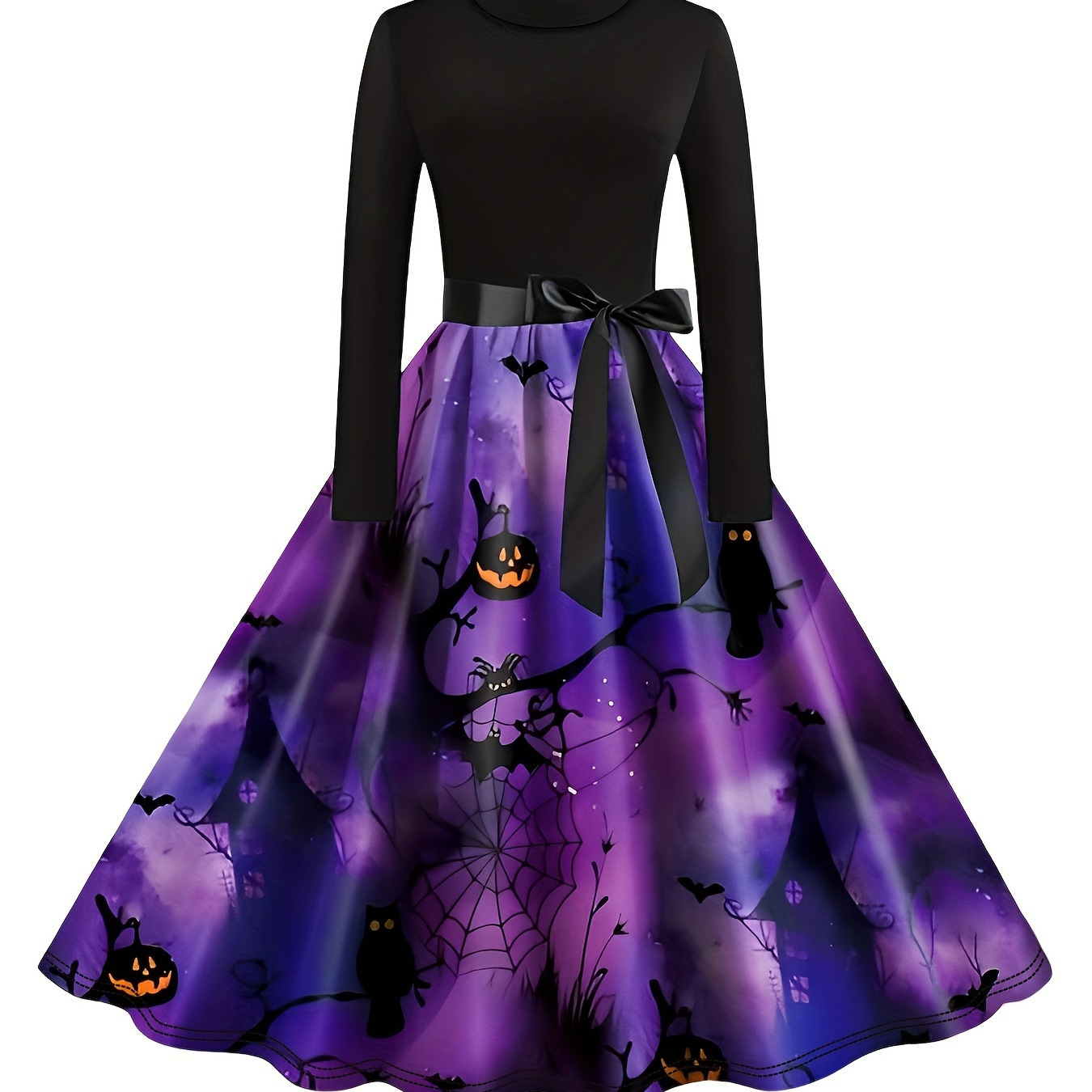 

Halloween And Flare Dress - Polyester 100%, Crew Neck, Long Sleeve, Belted Waist, , Knit Fabric For Women