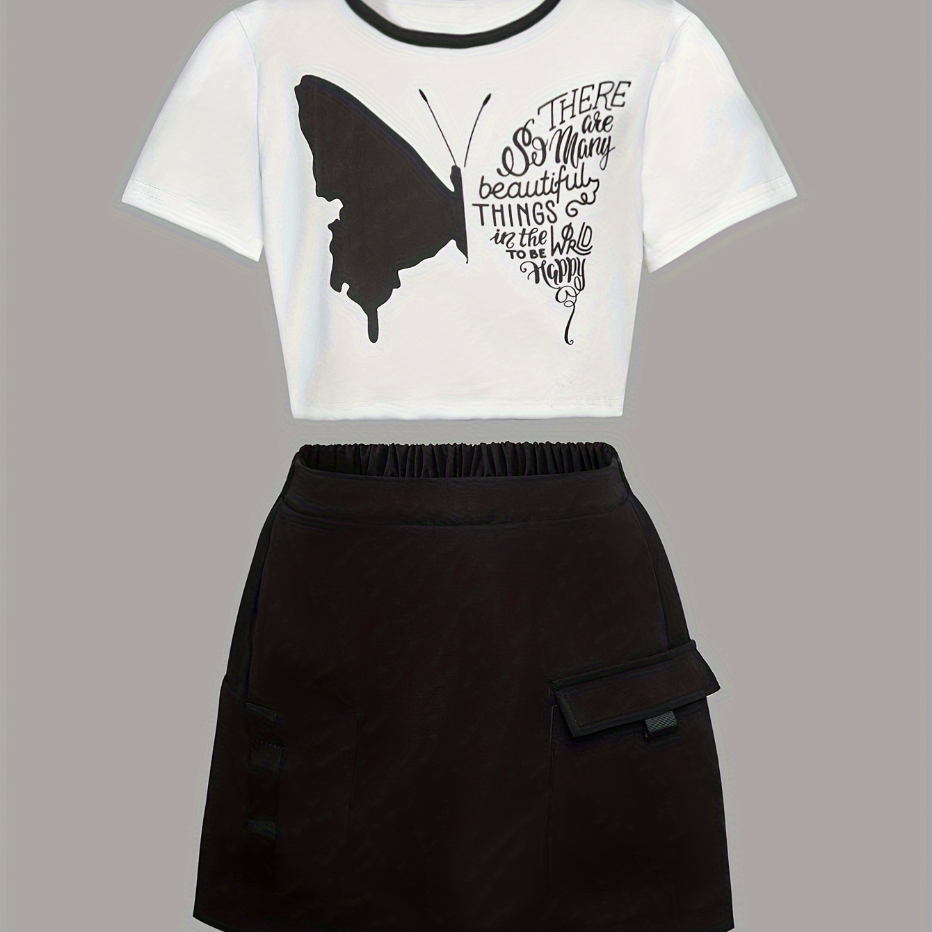 

Trendy Girls 2pcs Butterfly Letter Graphic Short Sleeve T-shirt Top + Solid Skirt Set For Summer
