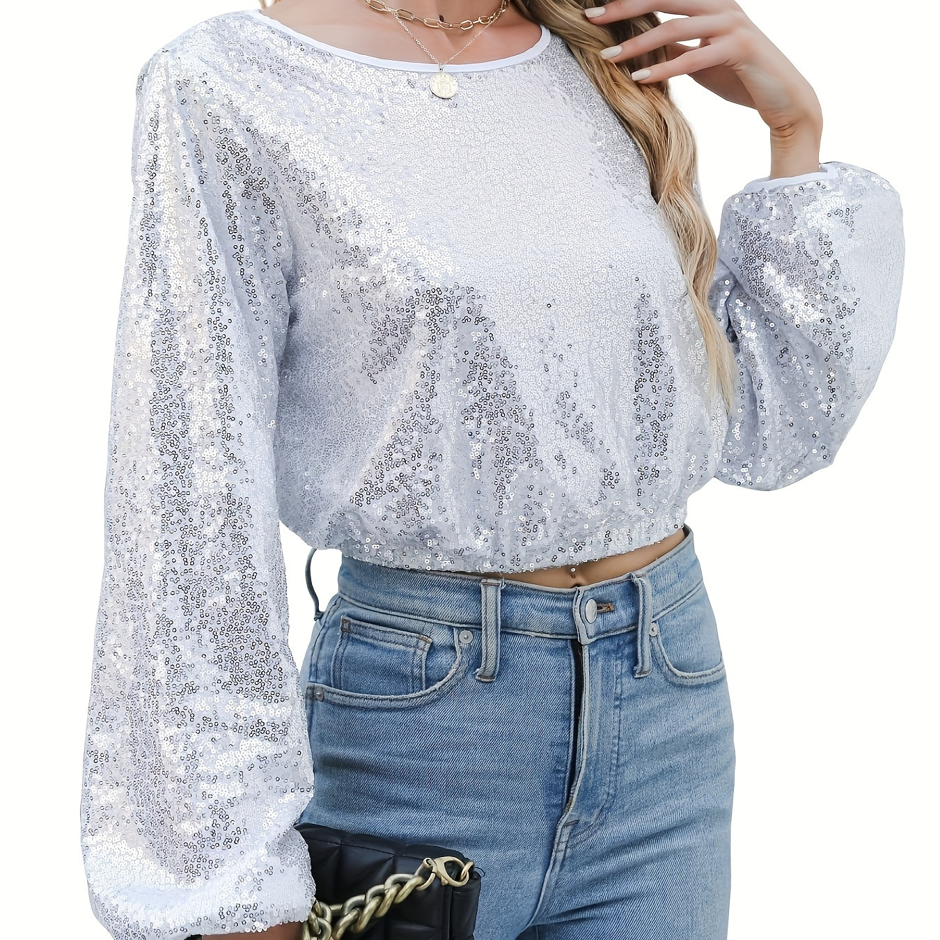 

Women Sequin Top, Balloon Long Sleeve Glitter Party Top Disco Sparkle Crop Top Sequin Blouse For Concert Party