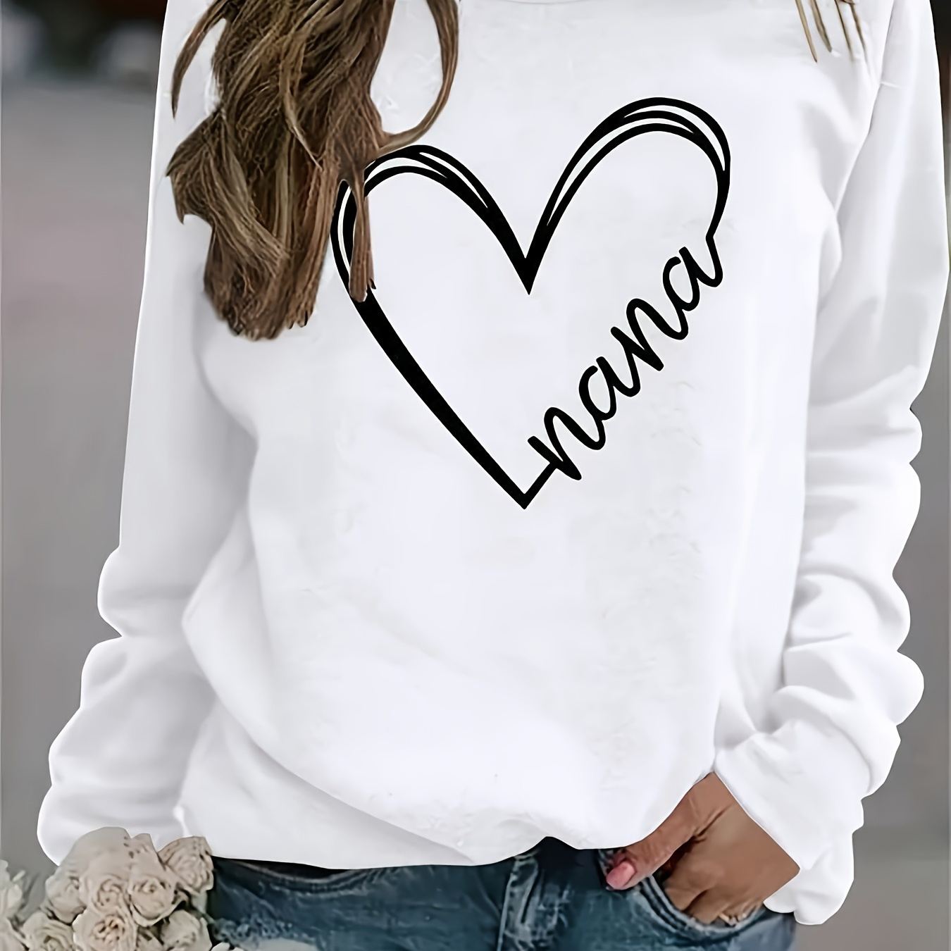 

Women' Sweatshirt With "nana" Heart Print, Casual Round Neck, Cartoon Graphic, Polyester Knit, Autumn/