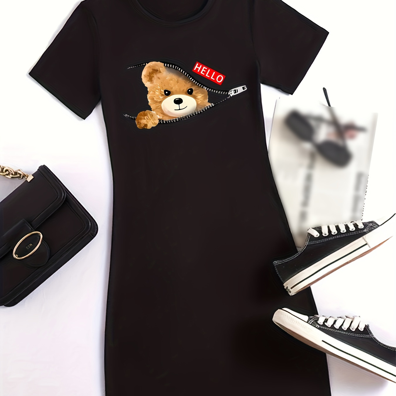 

Robe T-shirt À Imprimé D'ours Cartoon, Jolie Robe À Manches Courtes À Col Rond, Vêtements Pour Femmes