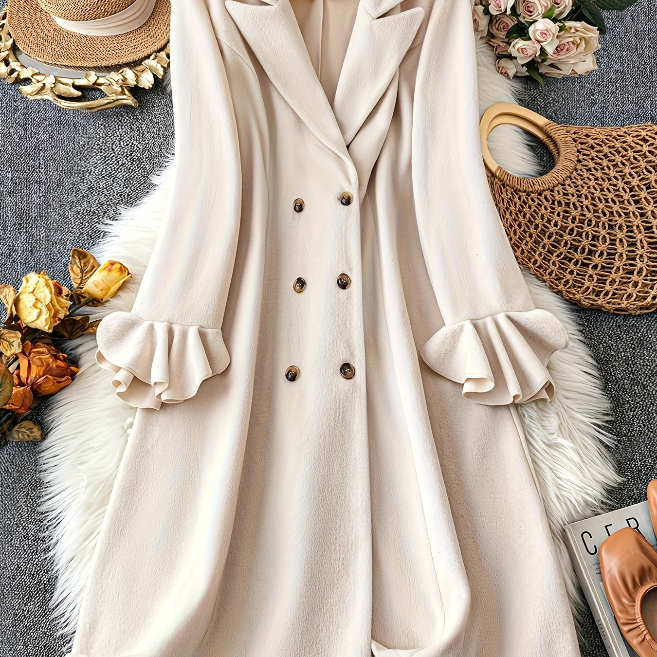 

Size Double-breasted Coat For Women - Chic Solid Color, Long Sleeve With Ruffle Detail, Machine Washable - Fall/winter