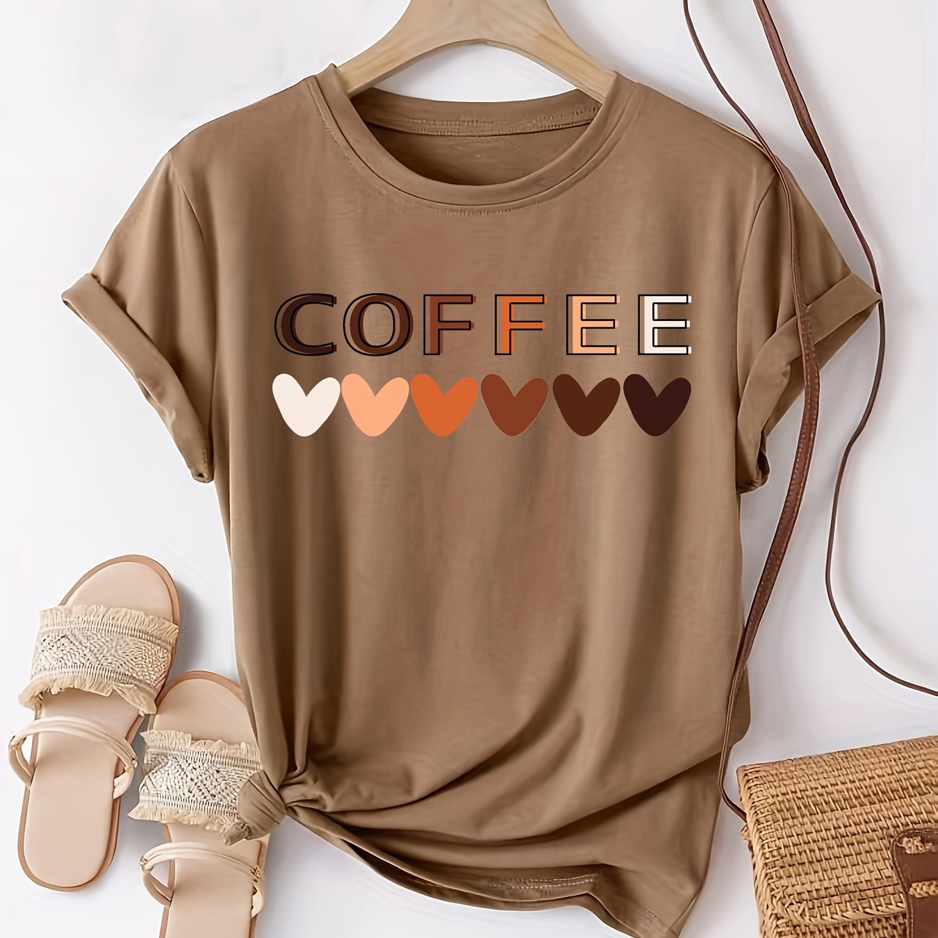 

Letter & Heart Neck T-shirt, Casual Short Sleeve Top For , Women's Clothing