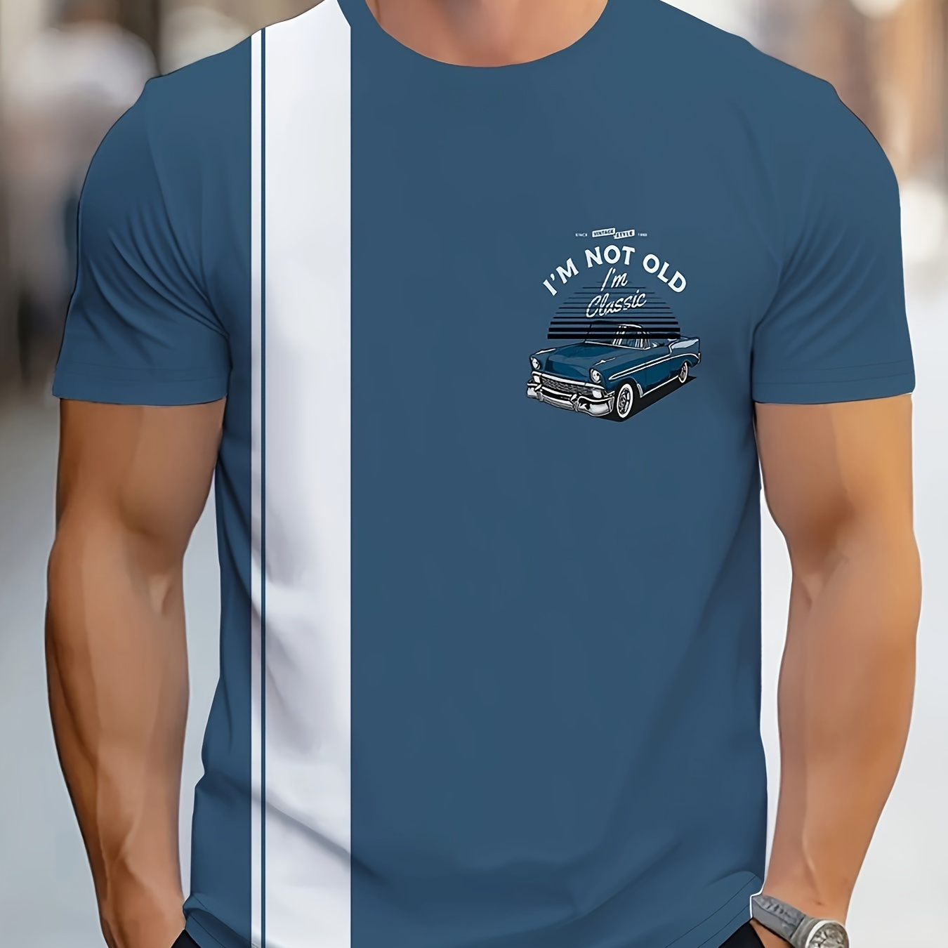 

Men's Novelty T-shirt With Classic Car Graphic, 100% Polyester Knit Fabric, Casual Crew Neck With Geometric Design, Regular Fit Slight Stretch Tee