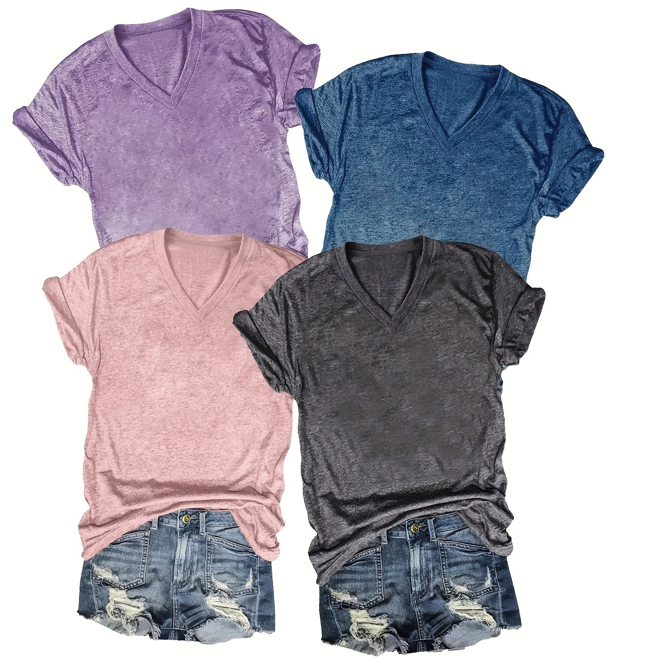 

4 packs de t-shirts à col en V uni grande taille, hauts décontractés à manches courtes pour le printemps et l'été, vêtements grande taille pour femmes