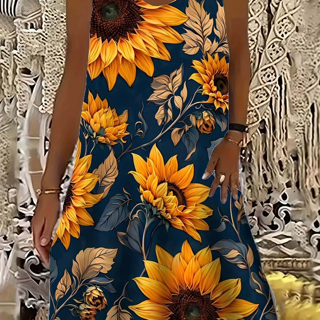 

Plus Size Sunflower Print Tank Dress, Casual Sleeveless Dress For Spring & Summer, Women's Plus Size Clothing