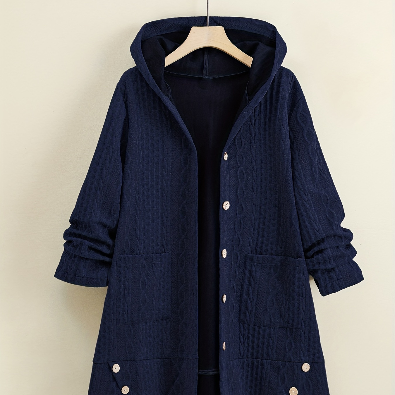 

Textured Hooded Coat, Casual Solid Button Front Winter Outerwear, Women's Clothing