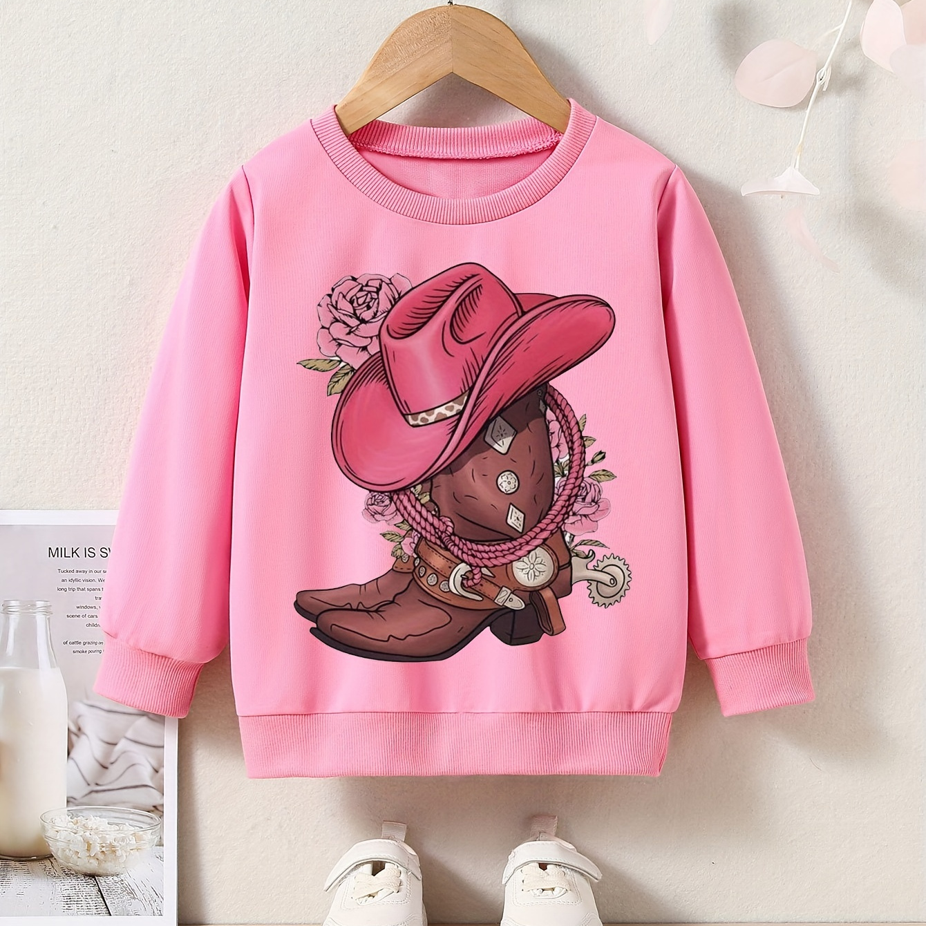 

Cowgirl's Boot Print Pullover Tops For Outwear, Girls Casual Long Sleeve Sweatshirt, Kids Fall/ Winter Clothing Gift