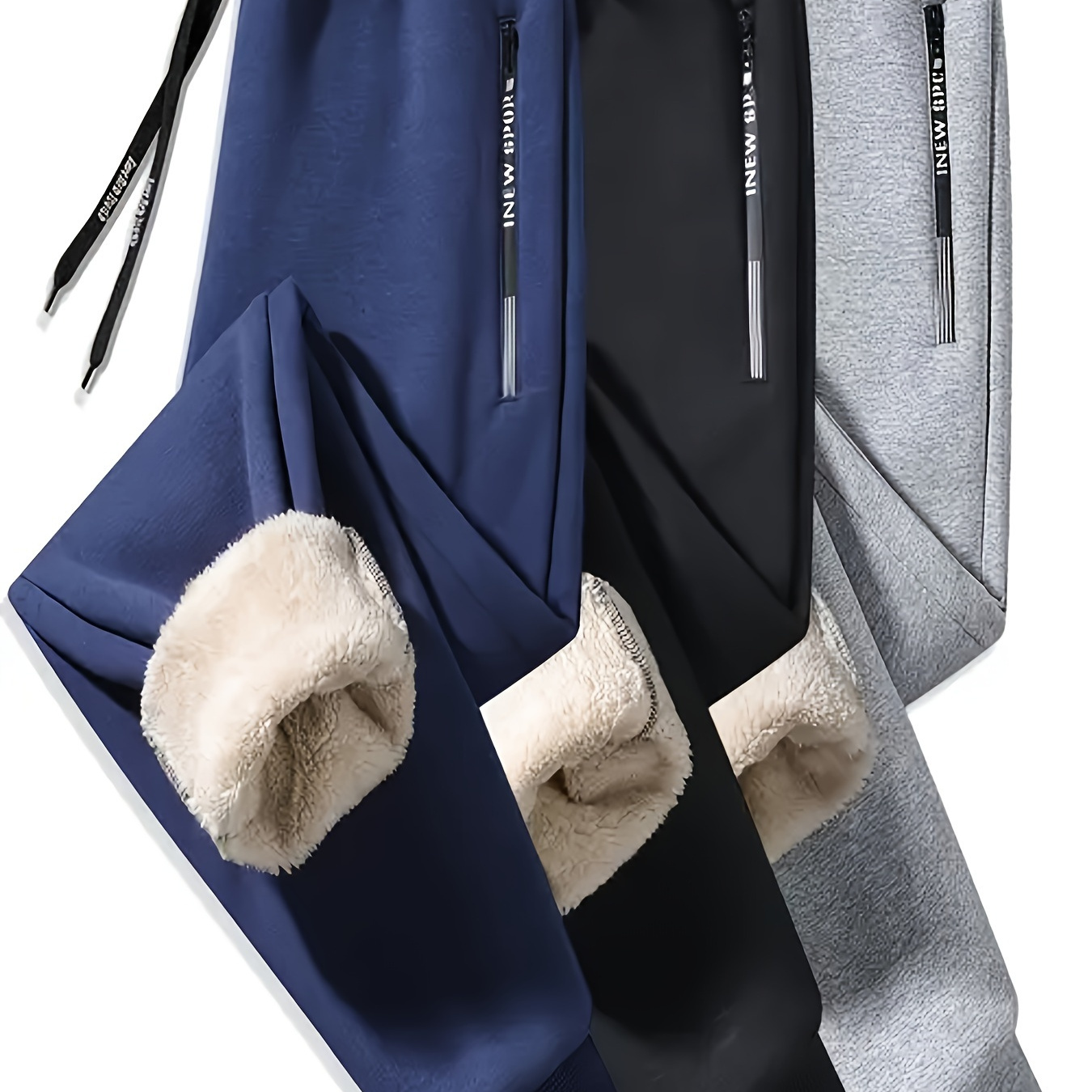 

3pcs Men's Fleece-lined Joggers - Casual, Stretchy Polyester & Spandex Sweatpants With Pockets, Machine Washable