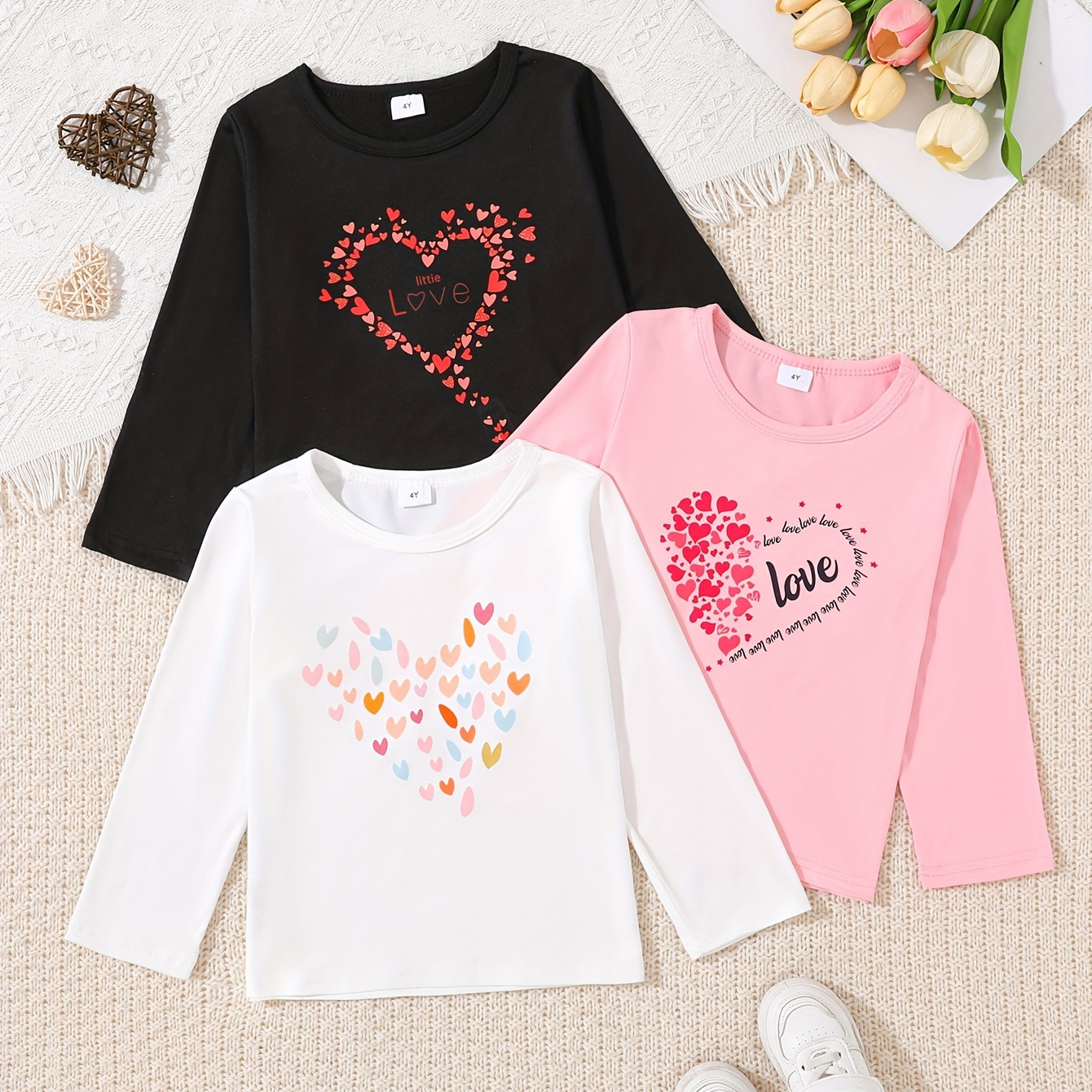 

Kids' Casual Heart Print Long Sleeve Tees Set - Polyester Blend, Crew Neck, Slight Stretch, Spring/fall Knit Tops, 3-pack