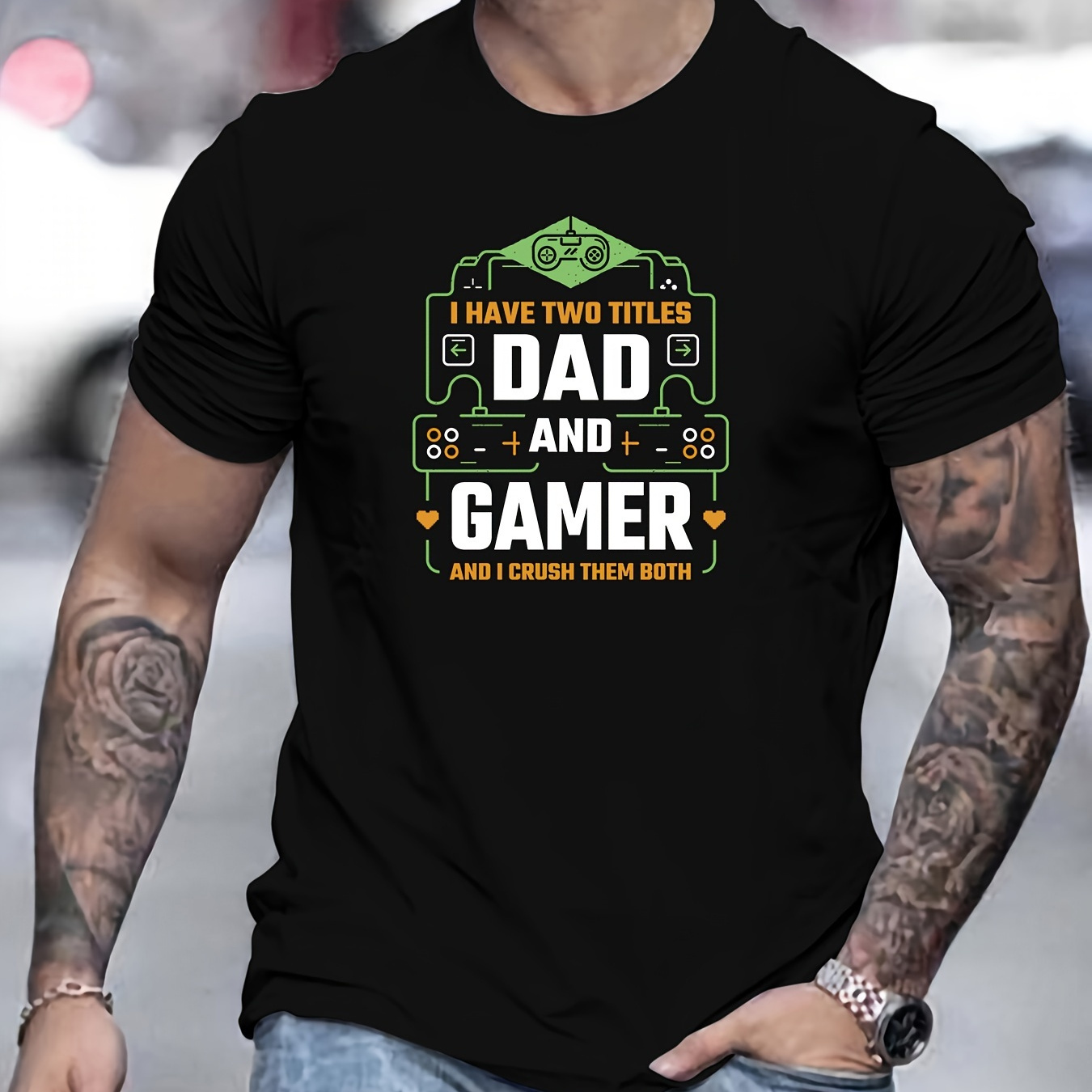 

Men's Dad And Gamer Print Short Sleeve T-shirts, Comfy Casual Elastic Crew Neck Tops For Men's Outdoor Activities