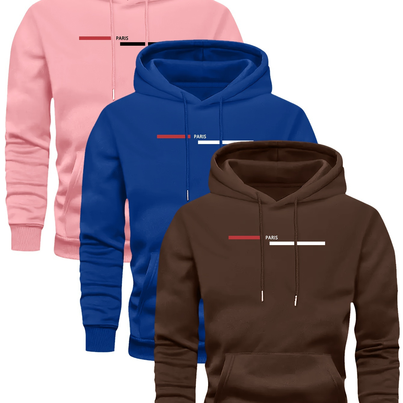 

3pcs, Classic Print, Men's Cozy Drawstring Long Sleeve Sweatshirt Hoodies With Kangaroo Pocket Set, Men's Casual Pullover Hoodies For Daily Wear