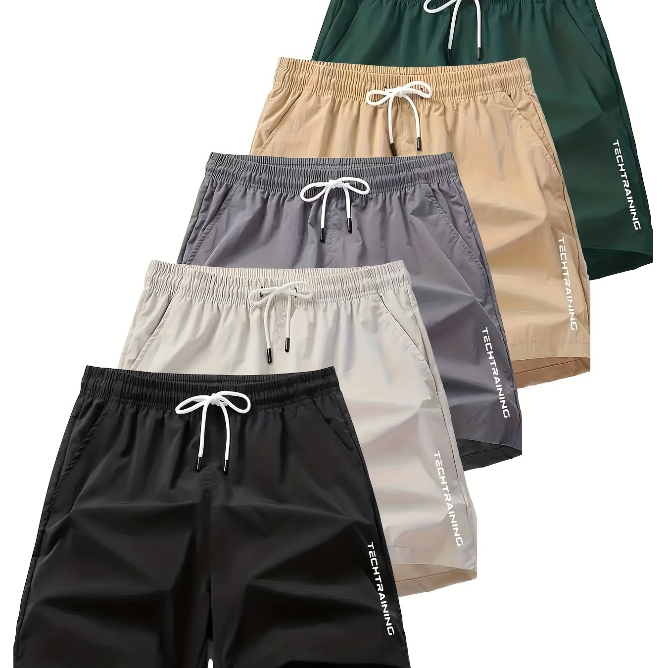 

5pcs Men's Letters Pattern Solid Color Shorts With Drawstrings, Casual Trendy Sports Jogging Shorts For Summer Outdoors