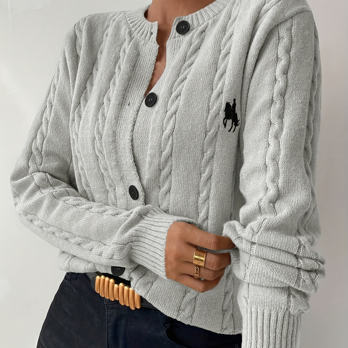 

Cable Knit Button Front Cardigan, Casual Long Sleeve Cardigan For Fall & Winter, Women's Clothing