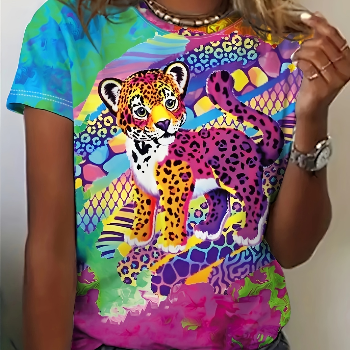 

Vibrant Women's Leopard Print T-shirt - , Short Sleeves, Round Neck, Polyester & Spandex , Machine Washable, Spring/summer, Ladies T Shirts