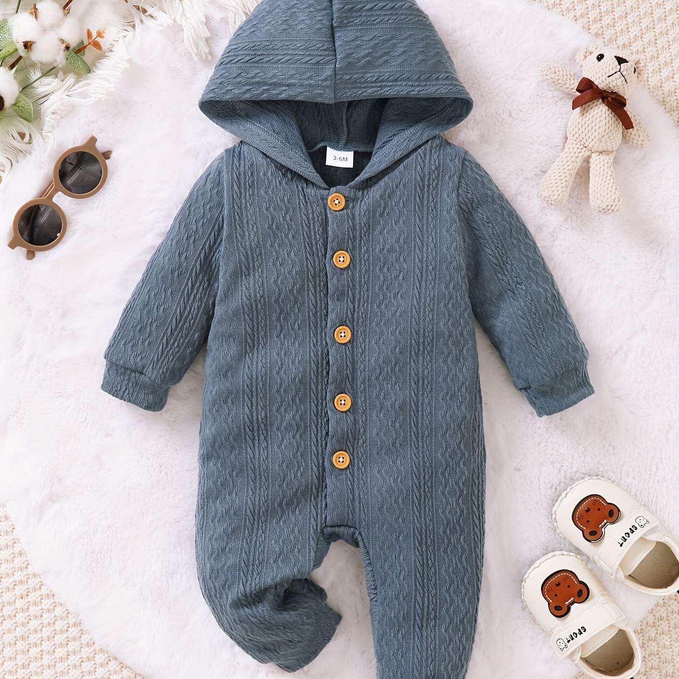 

Baby's Casual Button Down Jacquard Long Sleeve Hooded Romper, Toddler & Infant Boy's Solid Color Bodysuit For Spring Fall