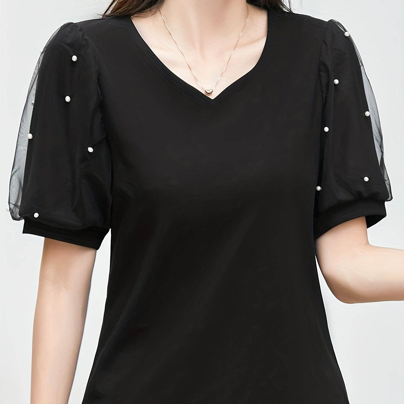 

Beaded Mesh Puff Sleeve T-shirt, Casual V Neck T-shirt For Spring & Summer, Women's Clothing